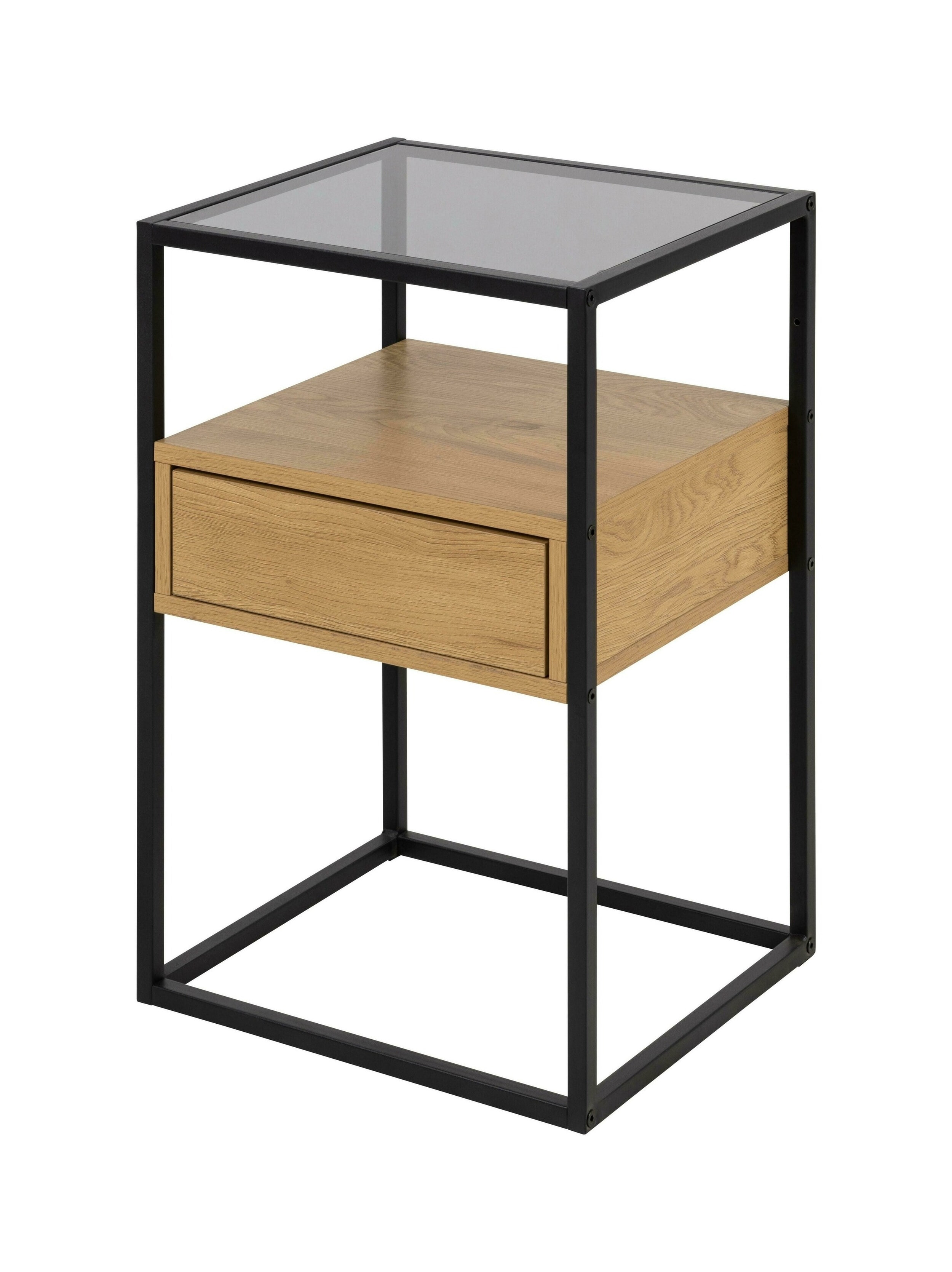 Bendt Nachtkastje 'Maikel' Eiken en glas, kleur Zwart / Eiken