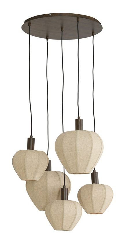 Light & Living Hanglamp Huxi Bruine houtlook en linnen, 5-lamps - Naturel - Rond