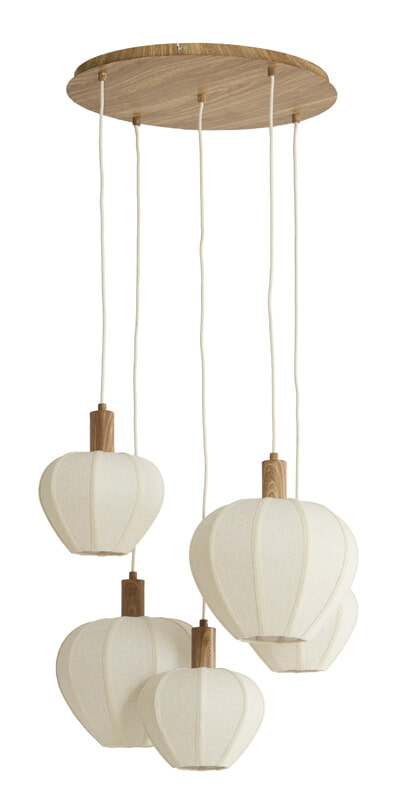 Light & Living Hanglamp Huxi Naturel houtlook en linnen, 5-lamps - Naturel - Rond