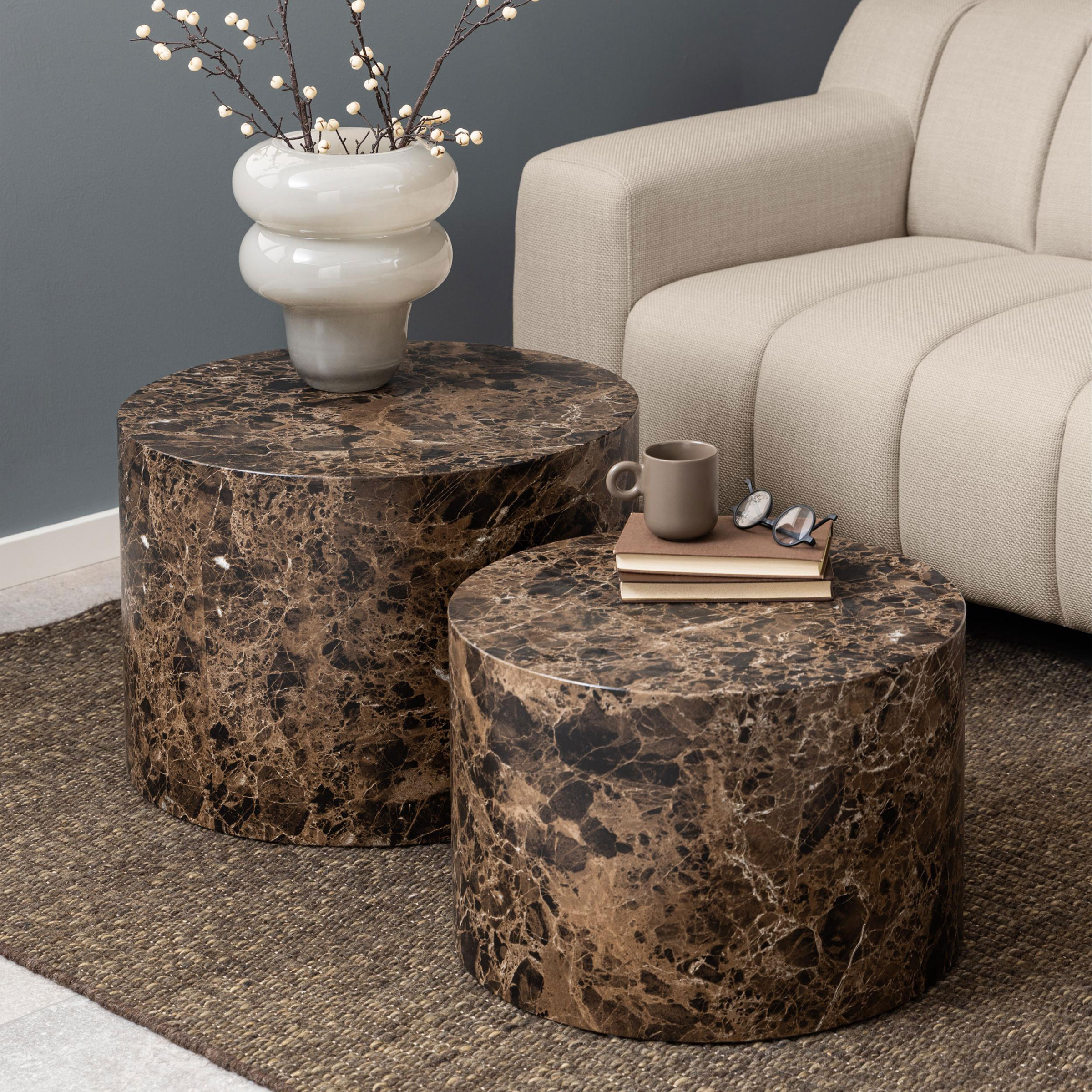 Bendt Salontafel Flavian Marmerlook, Set van 2 stuks - Bruin - Rond