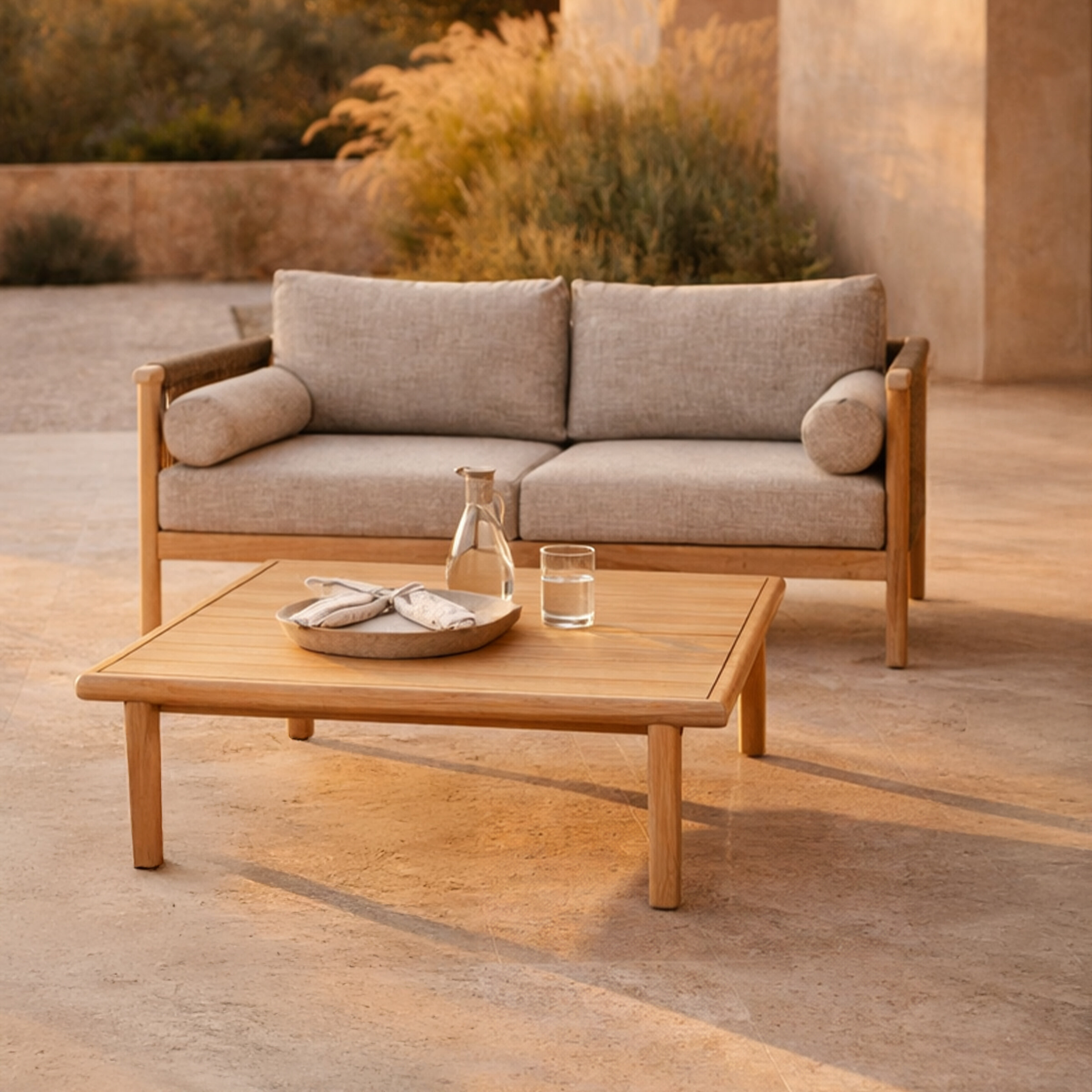 Dutchbone Loungeset 'Oasis' Acaciahout en touw, Met tuinbank en loungetafel