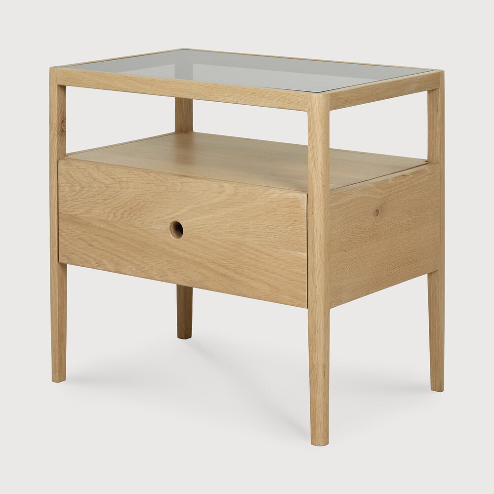 Ethnicraft Nachtkastje 'Spindle' Geolied Eikenhout en glas, kleur Naturel