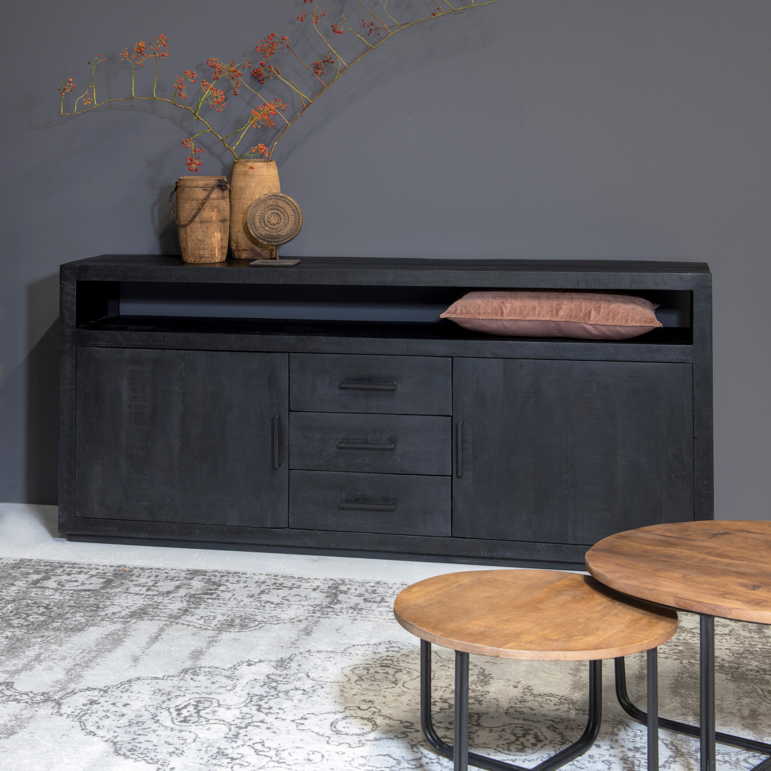 Livingfurn Dressoir Jaxx Mangohout, 180cm - Zwart
