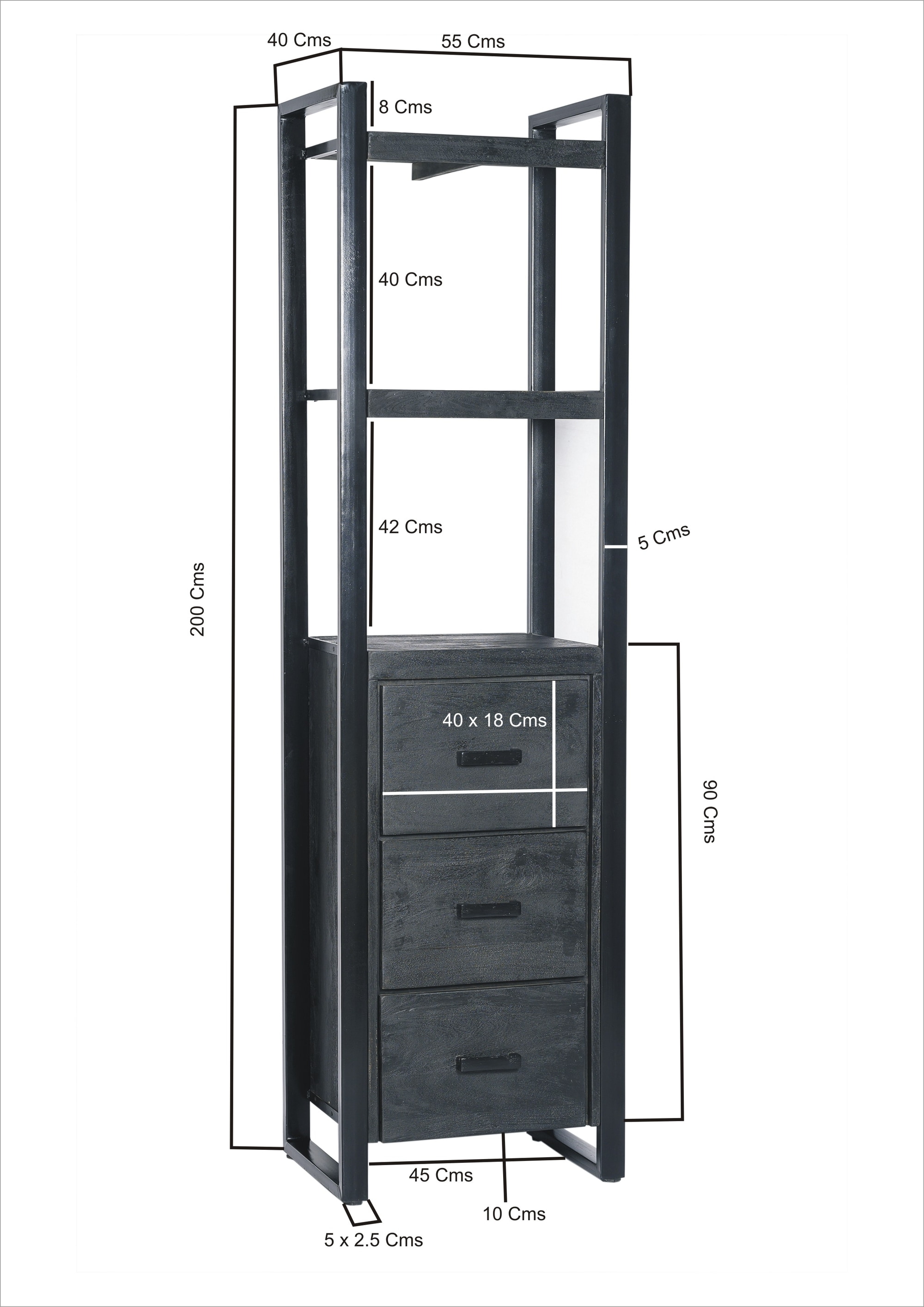 Livingfurn Boekenkast 'Norris' Mangohout en staal, 200 x 55cm