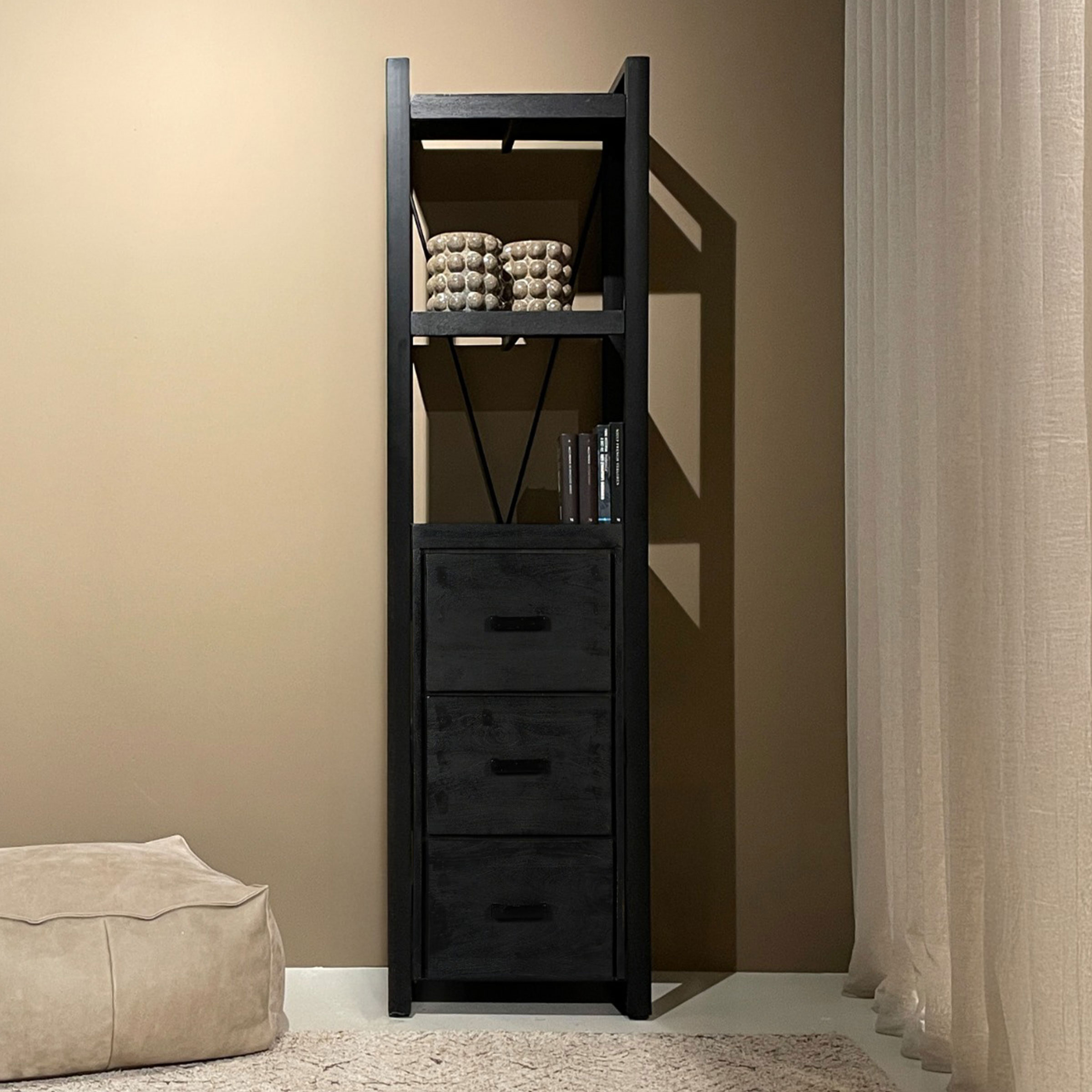 Livingfurn Boekenkast Norris Mangohout en staal, 200 x 55cm - Zwart