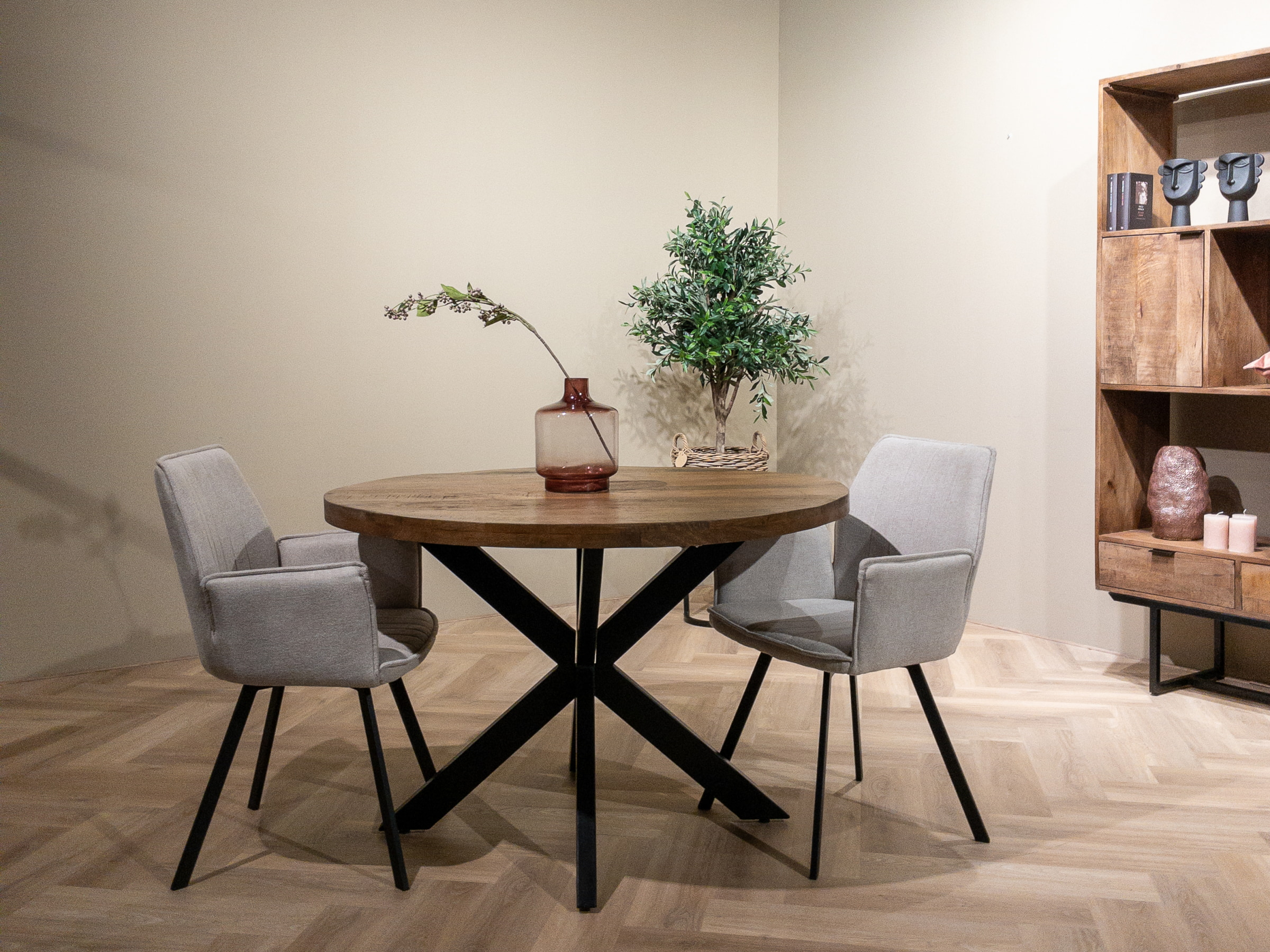 LivingFurn Ronde Eettafel 'Rocky' Mangohout en staal, 150cm