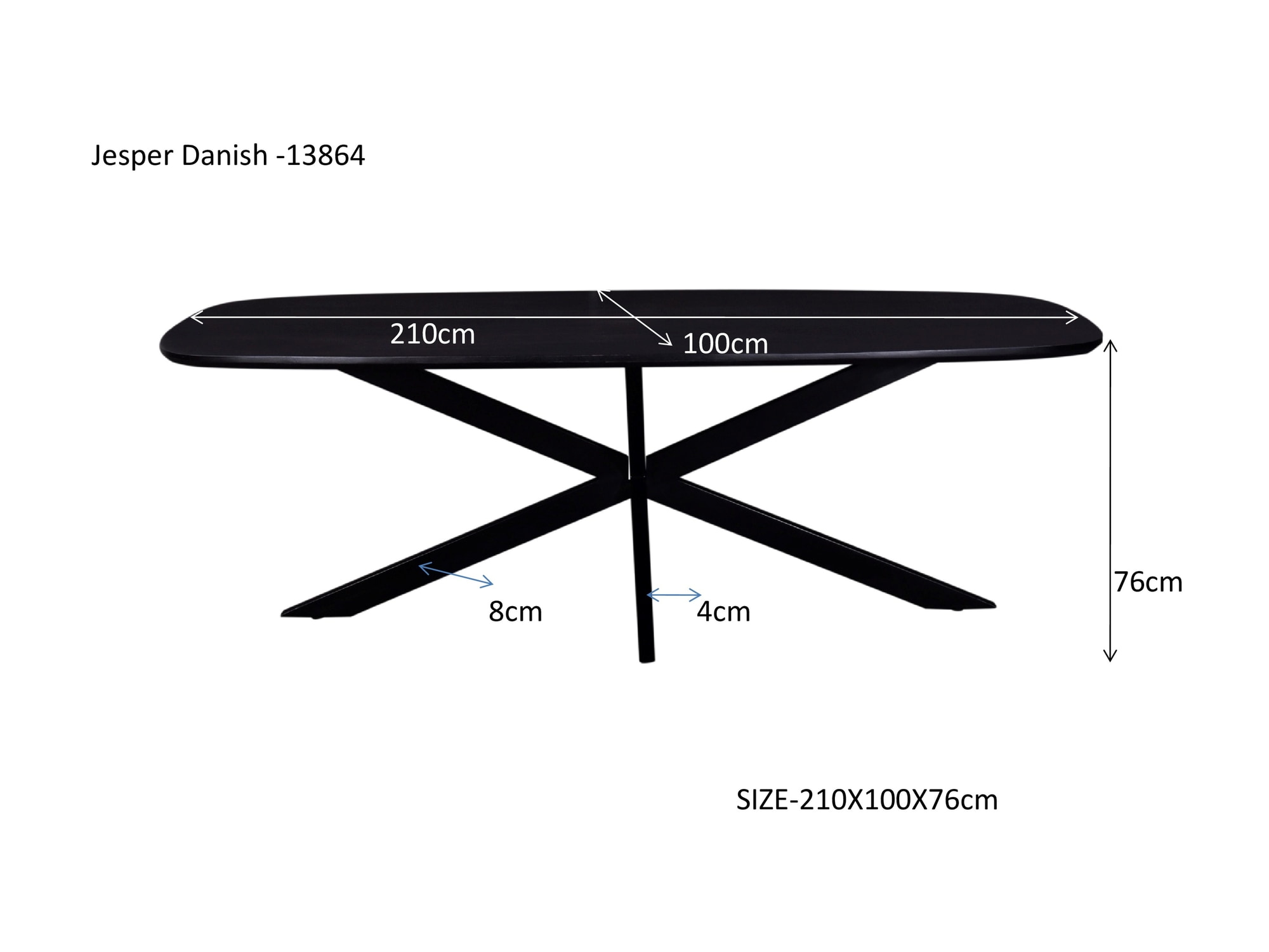 LivingFurn Deens Ovale Eettafel 'Jesper' Mangohout, 210 x 105cm, kleur Zwart