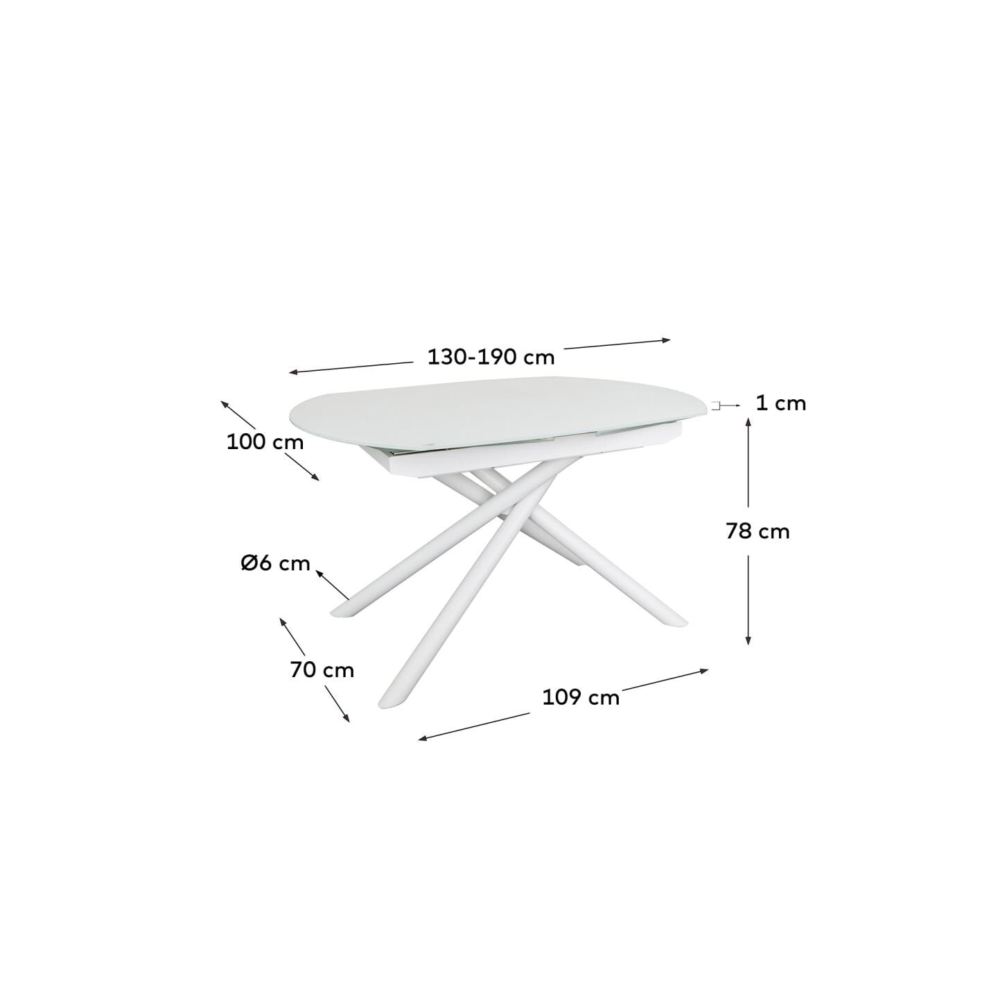 Kave Home Uitschuifbare Eettafel 'Yodalia' Glas, 130-190 x 100cm, kleur Wit