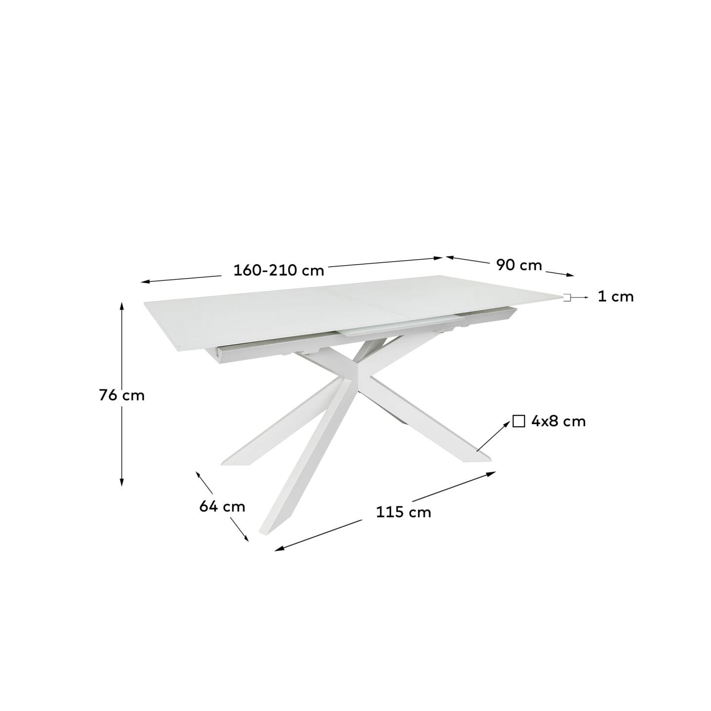 Kave Home Uitschuifbare Eettafel 'Atminda' Glas, 160-210 x 90cm, kleur Wit