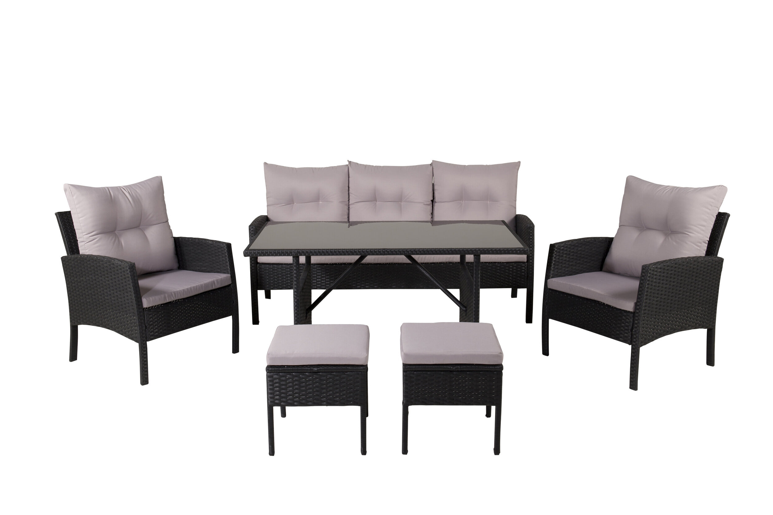 Nohr Loungeset 'Zeena' Met bank, tafel, 2 stoelen en krukjes, kleur Zwart/Grijs