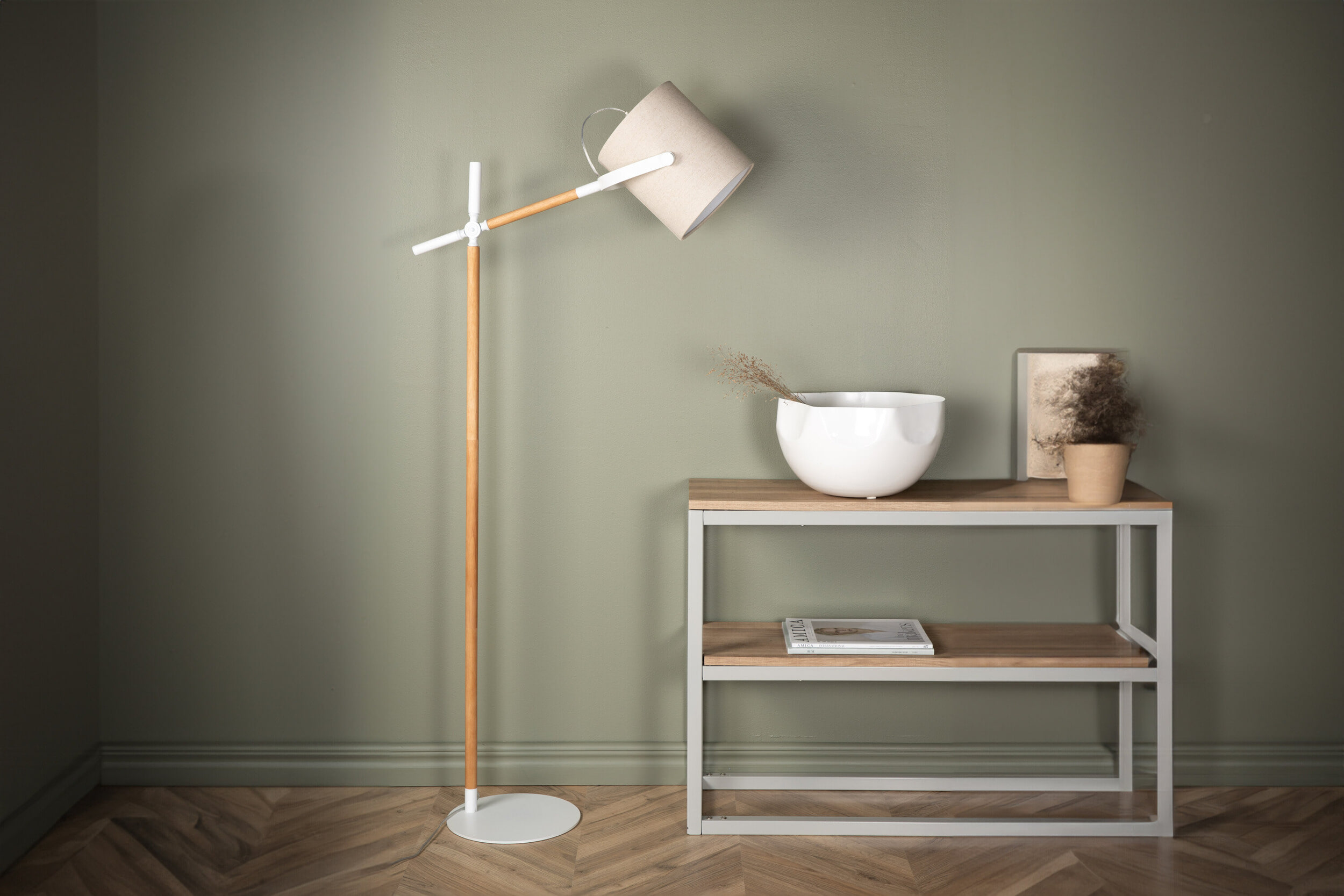Nohr Vloerlamp Kewanna 156cm, Linnenlook en hout - Beige/Wit