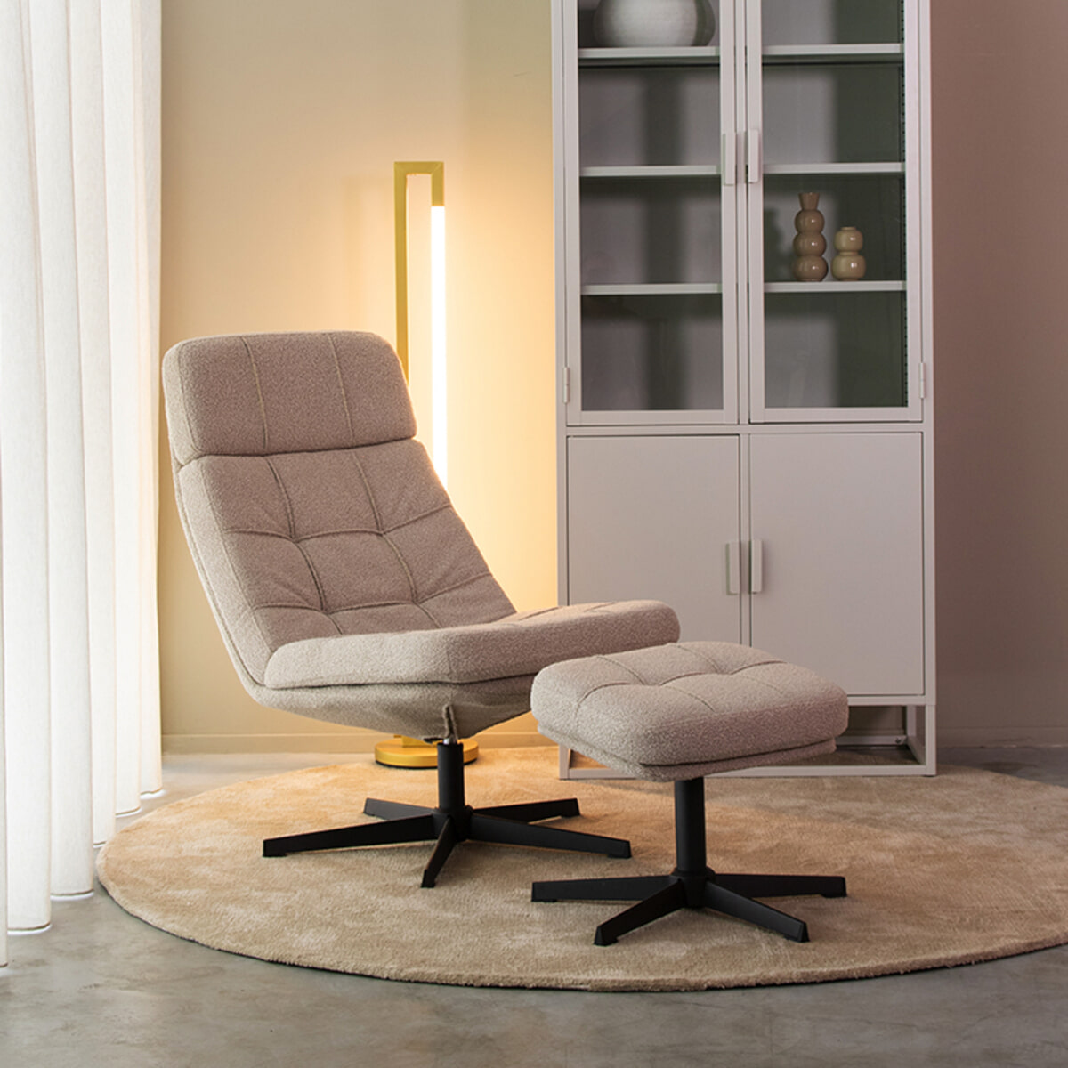LABEL51 Fauteuil Alvar Met hocker, Bouclé - Naturel
