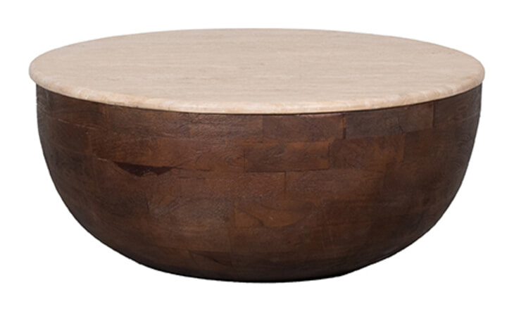 LABEL51 Ronde Salontafel 'Bowl' Travertin en hout, 70cm