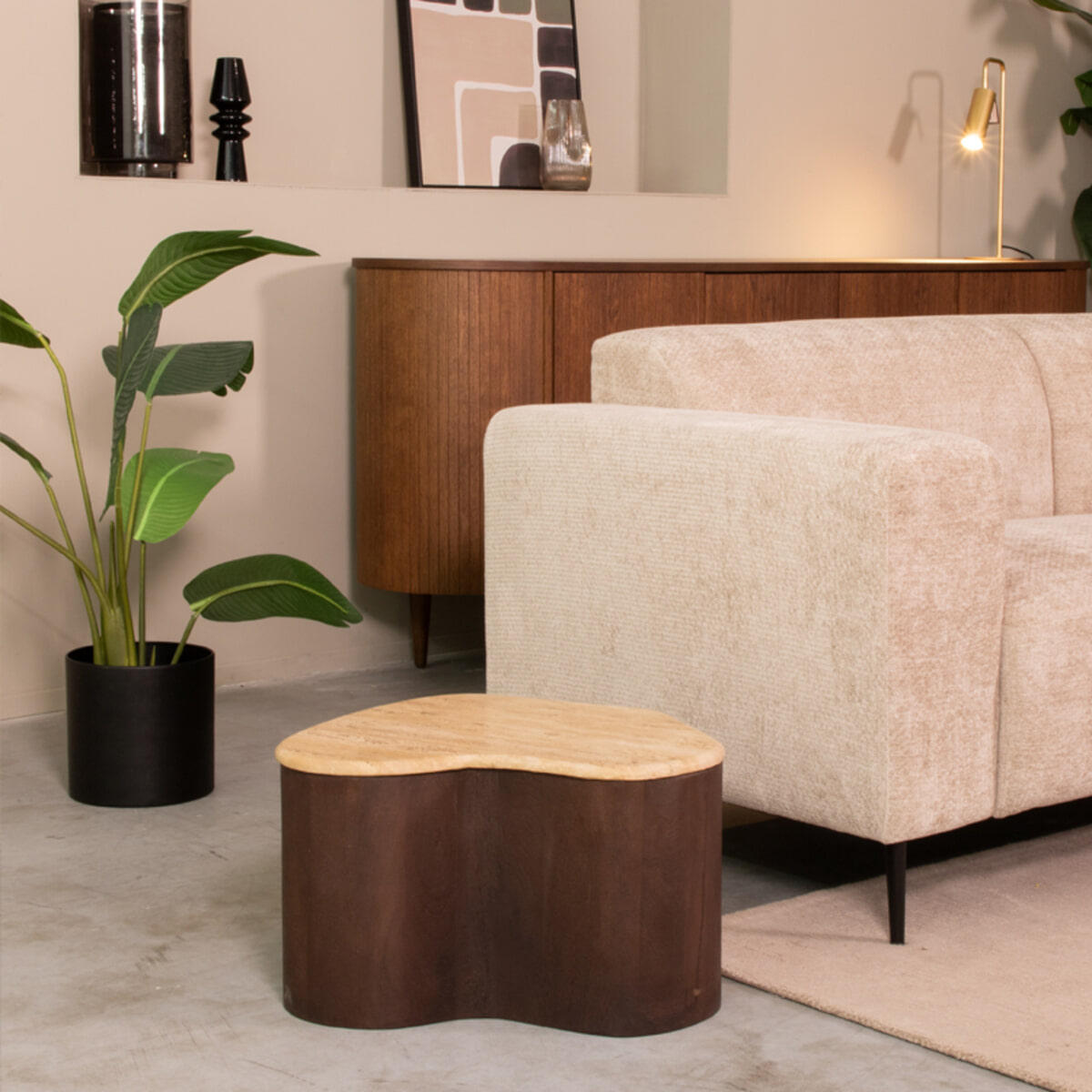 LABEL51 Organische Salontafel Davi Travertin en hout, 50 x 35cm - Espresso