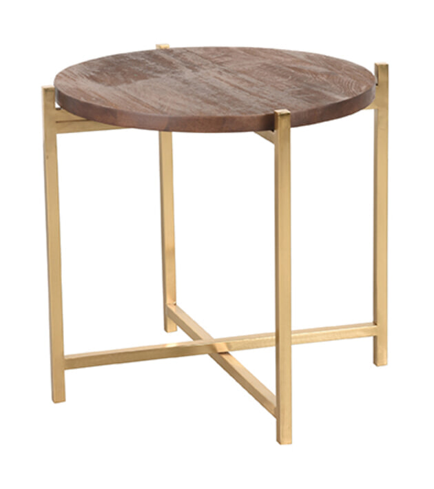 LABEL51 Ronde Bijzettafel 'Dox' Mangohout en goud metaal, 40cm