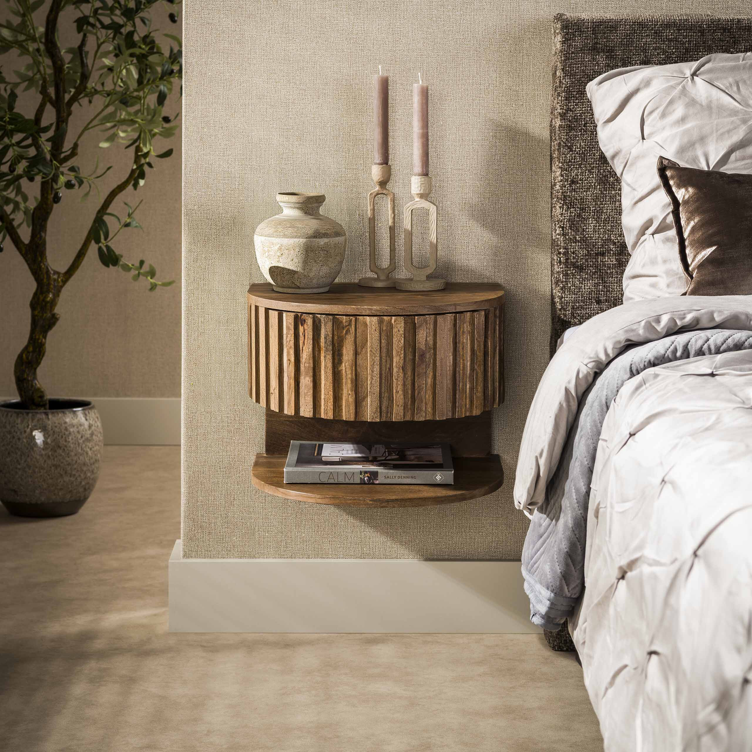 LifestyleFurn Zwevend Nachtkastje 'Ivorie' Mangohout, Met 1 lade en open vak