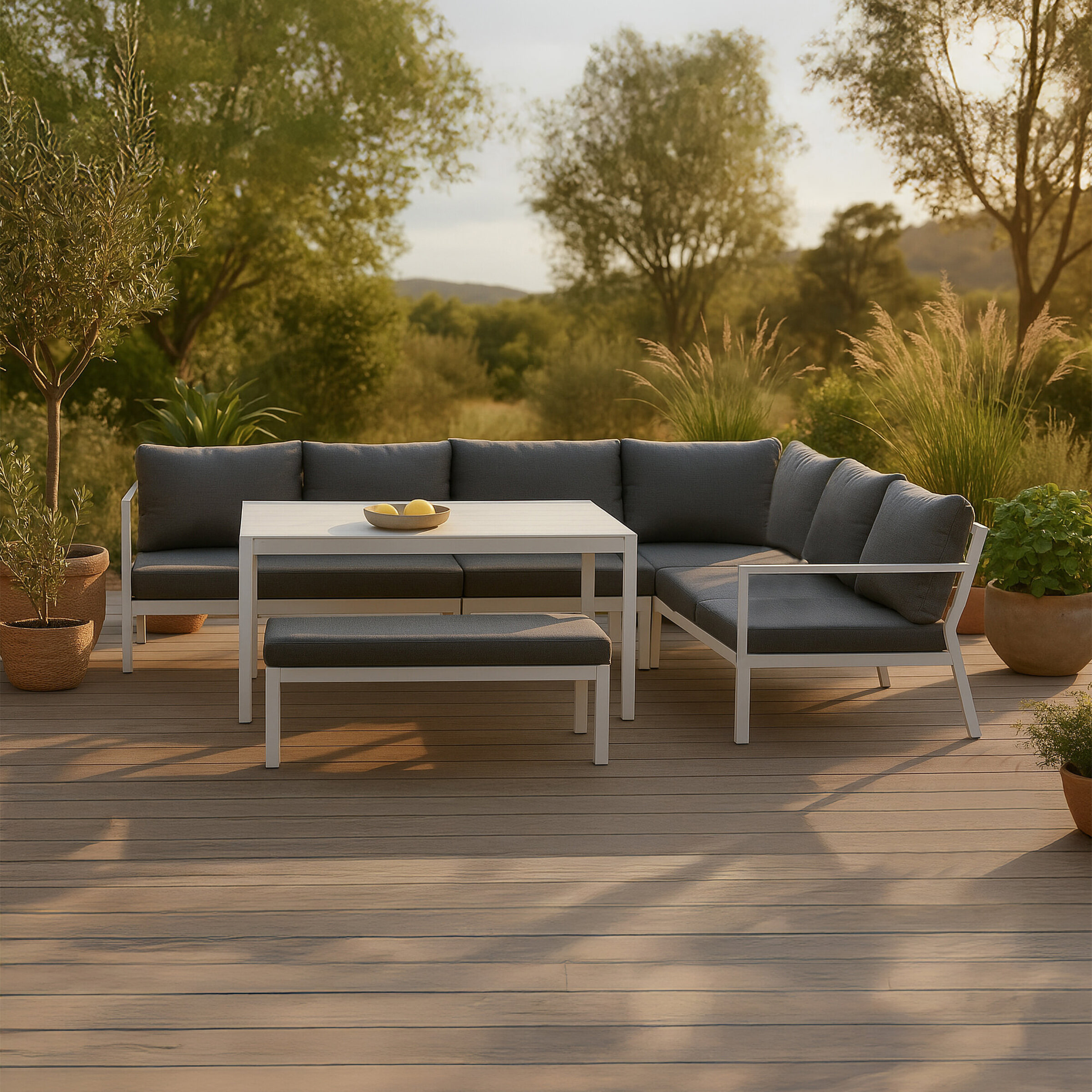 Nohr Hoek Loungeset 'Brianca' Met hoekbank, tafel en bankje, kleur Wit/Grijs