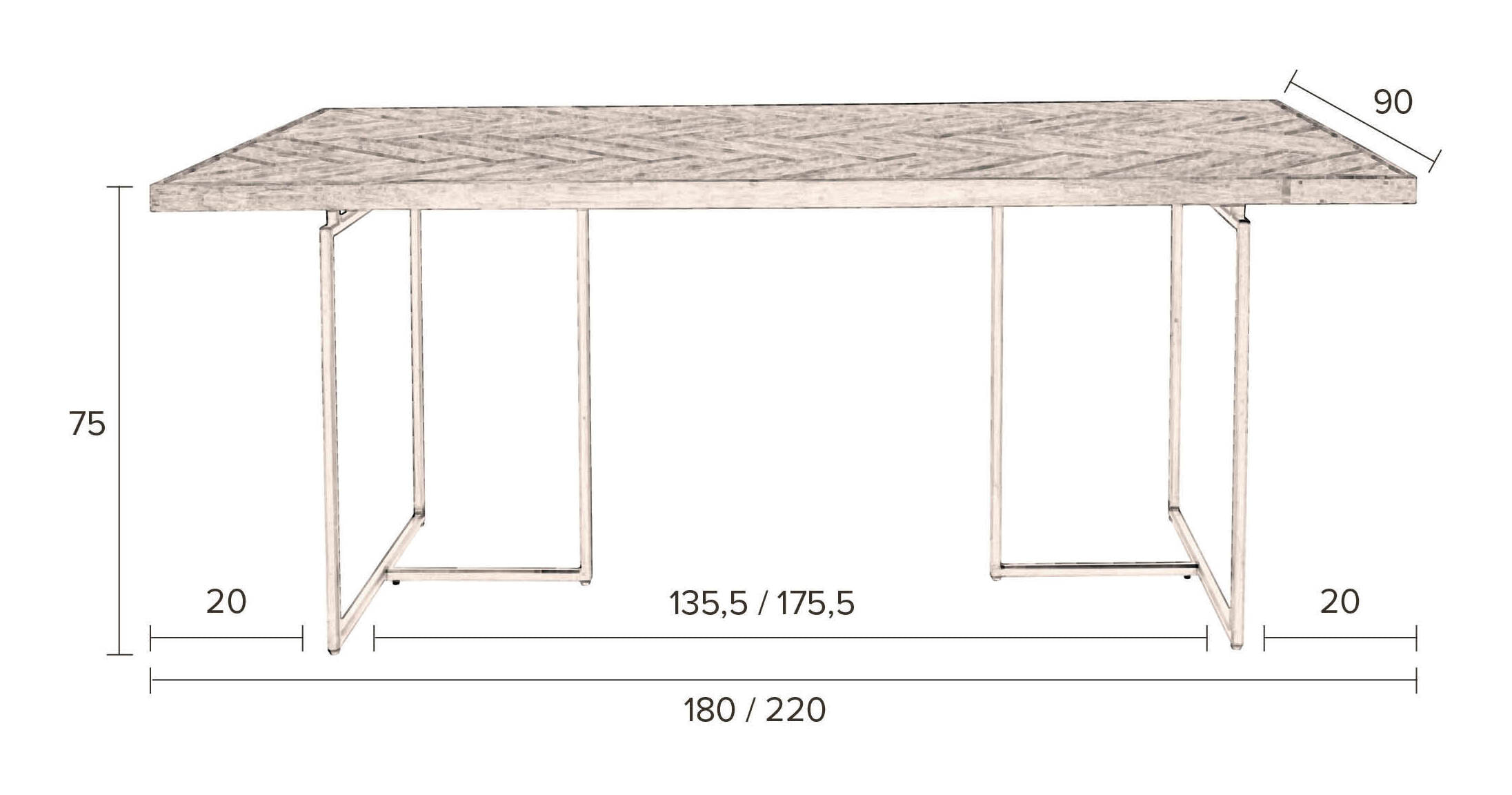 Dutchbone Eettafel 'Class' Antique Brass, 180 x 90cm