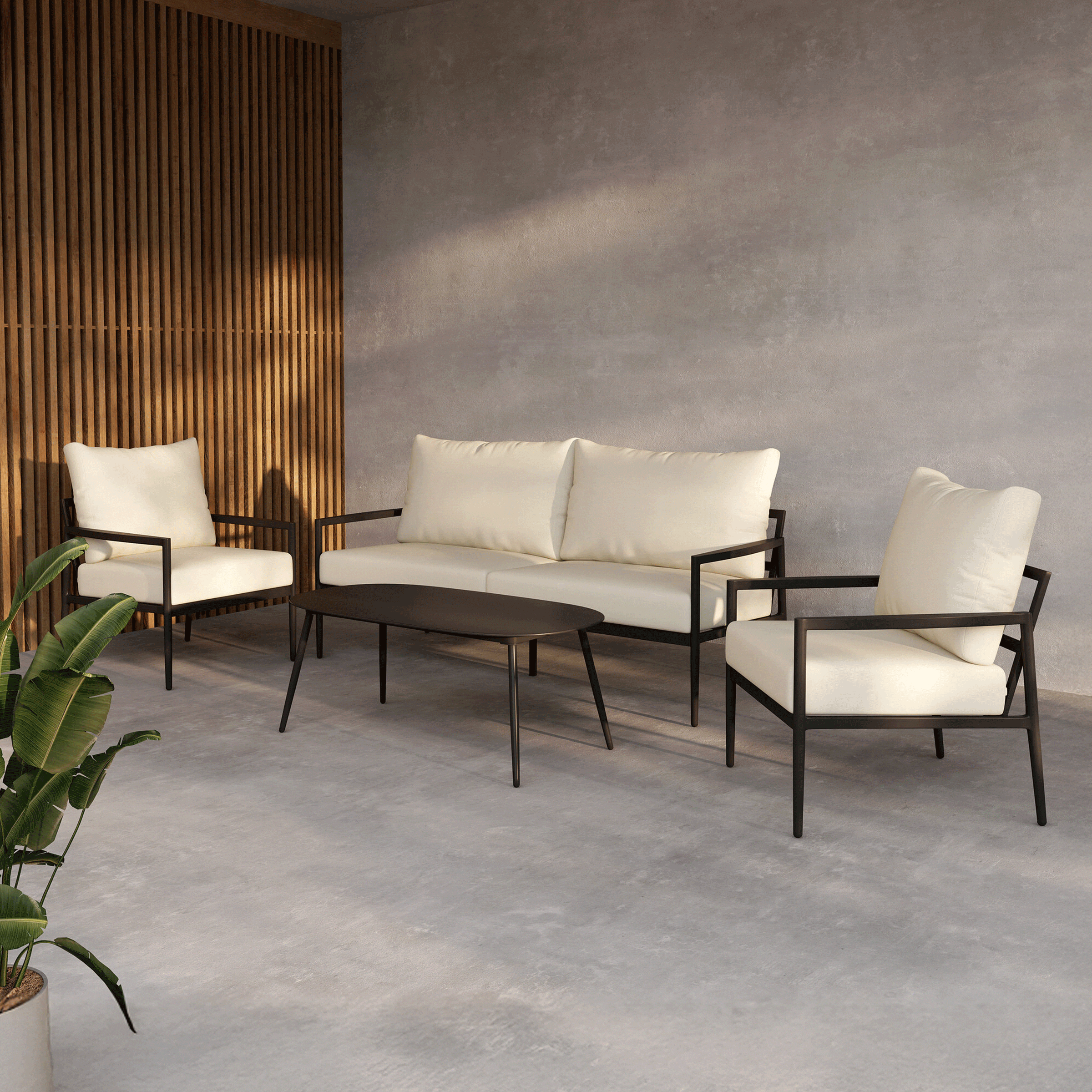 Nohr Loungeset Michiko Met bank, 2 loungestoelen en tafel - Beige/Zwart
