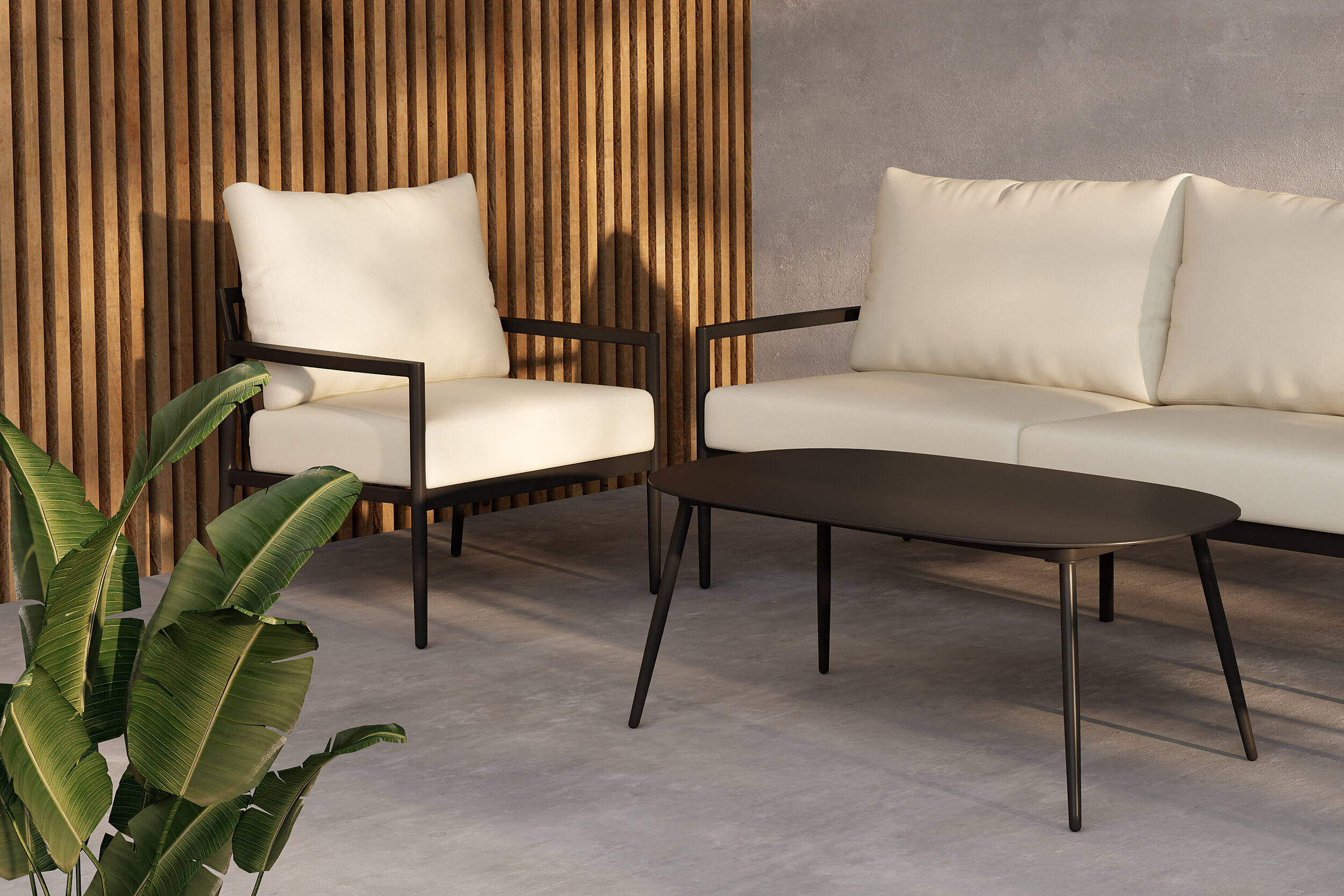 Nohr Loungeset 'Michiko' Met bank, 2 loungestoelen en tafel, kleur Beige/Zwart