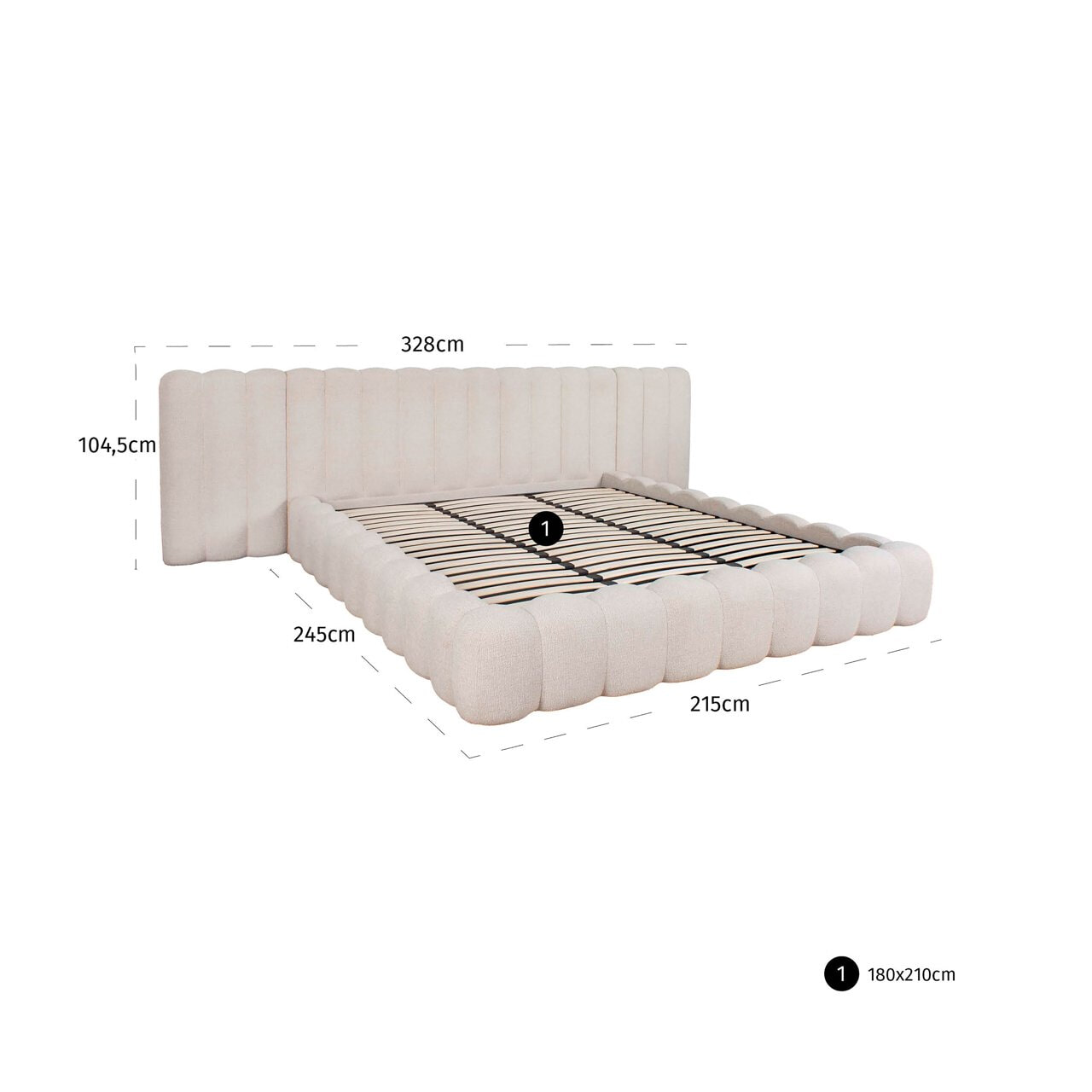 Richmond Bed 'Cupidon' Met uitklapbare bedbodem, 180 x 210cm, kleur Crème