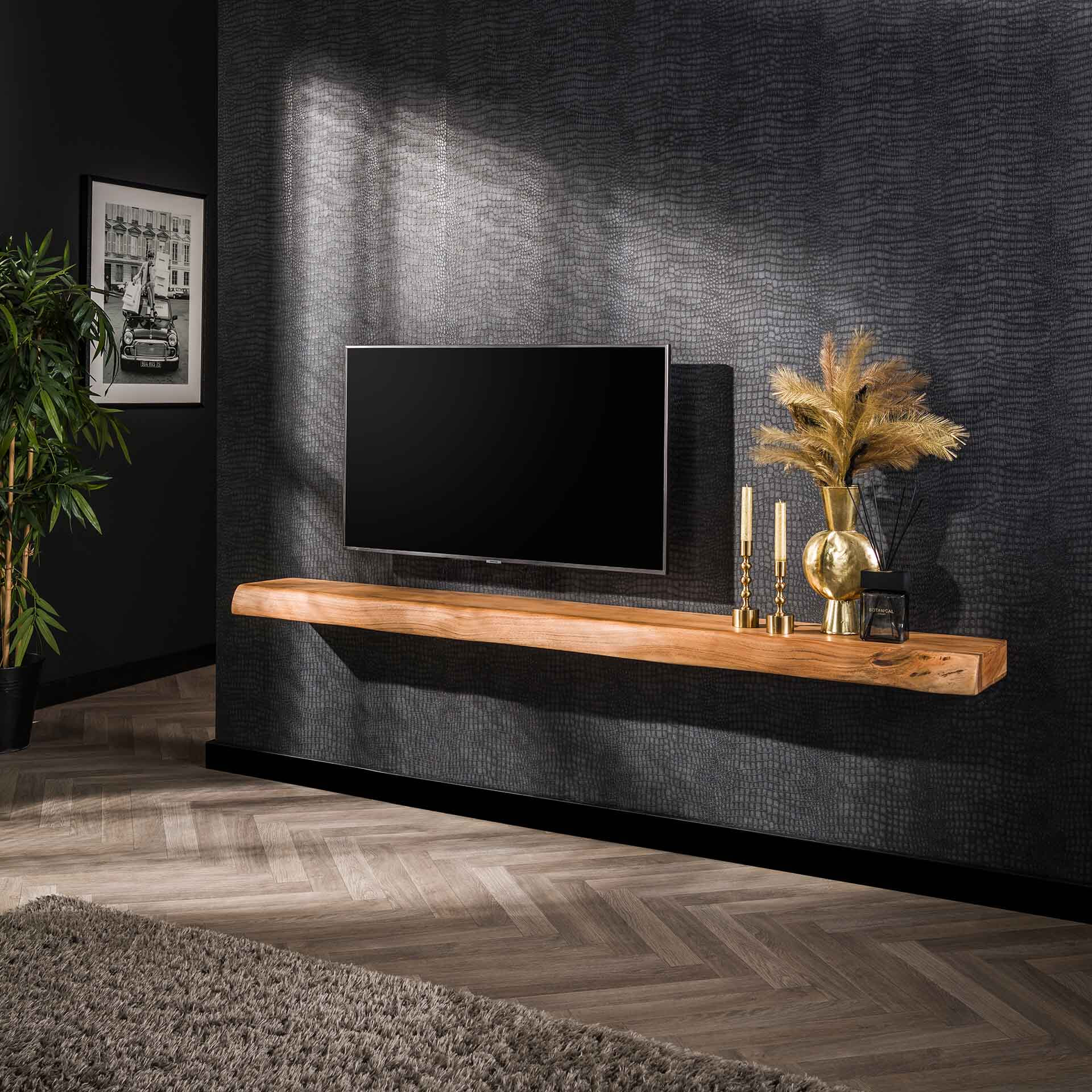 LifestyleFurn Wandplank/TV-meubel Mac Acaciahout, 200cm - Massief acacia naturel