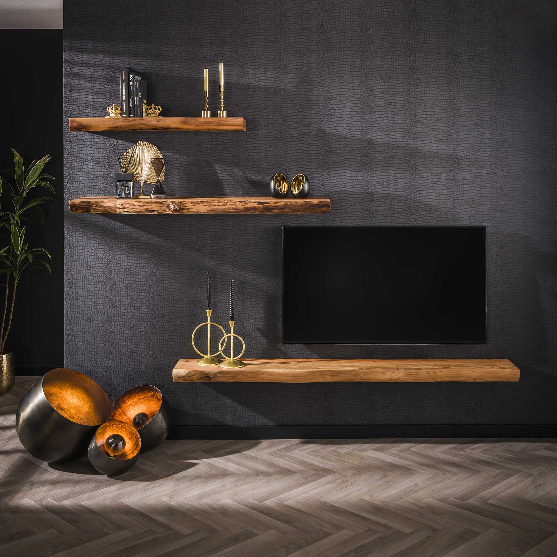 LifestyleFurn Wandplank/TV-meubel 'Mac' Acaciahout, 200cm