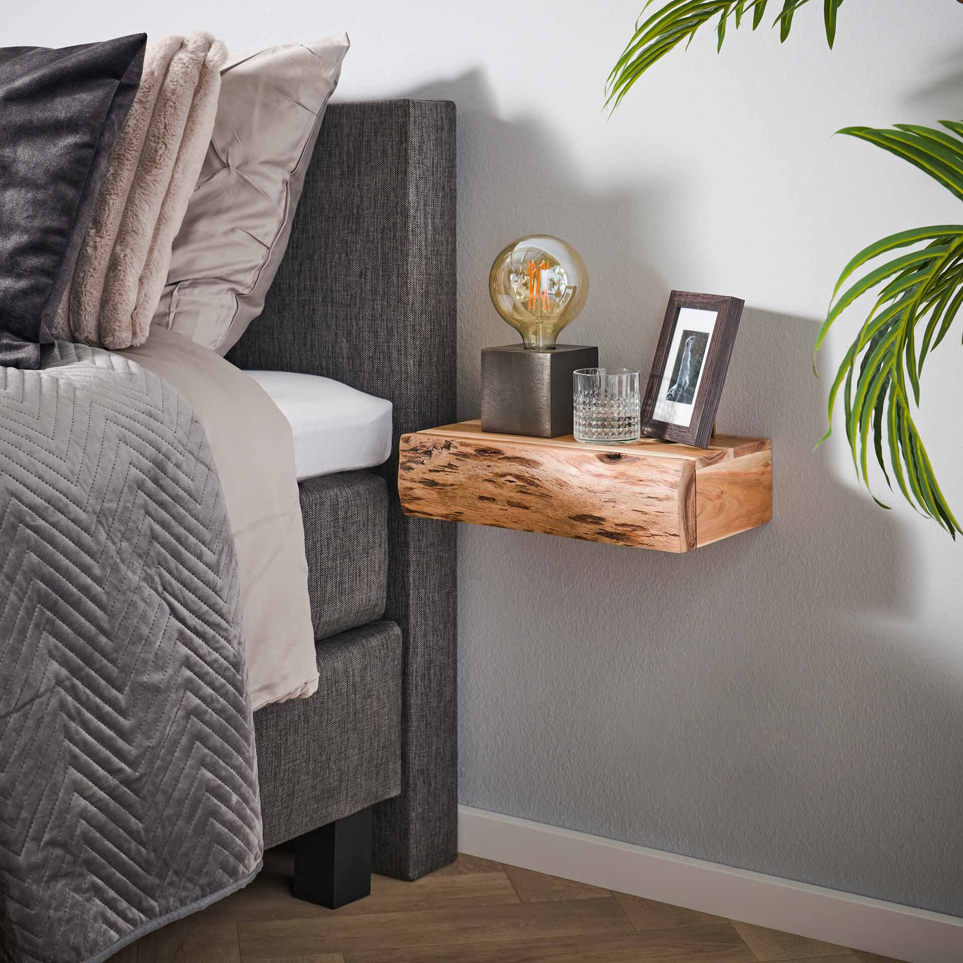 LifestyleFurn Hangend Nachtkastje 'Hind' Large, Met 1 lade, Acaciahout, Set van 2 stuks