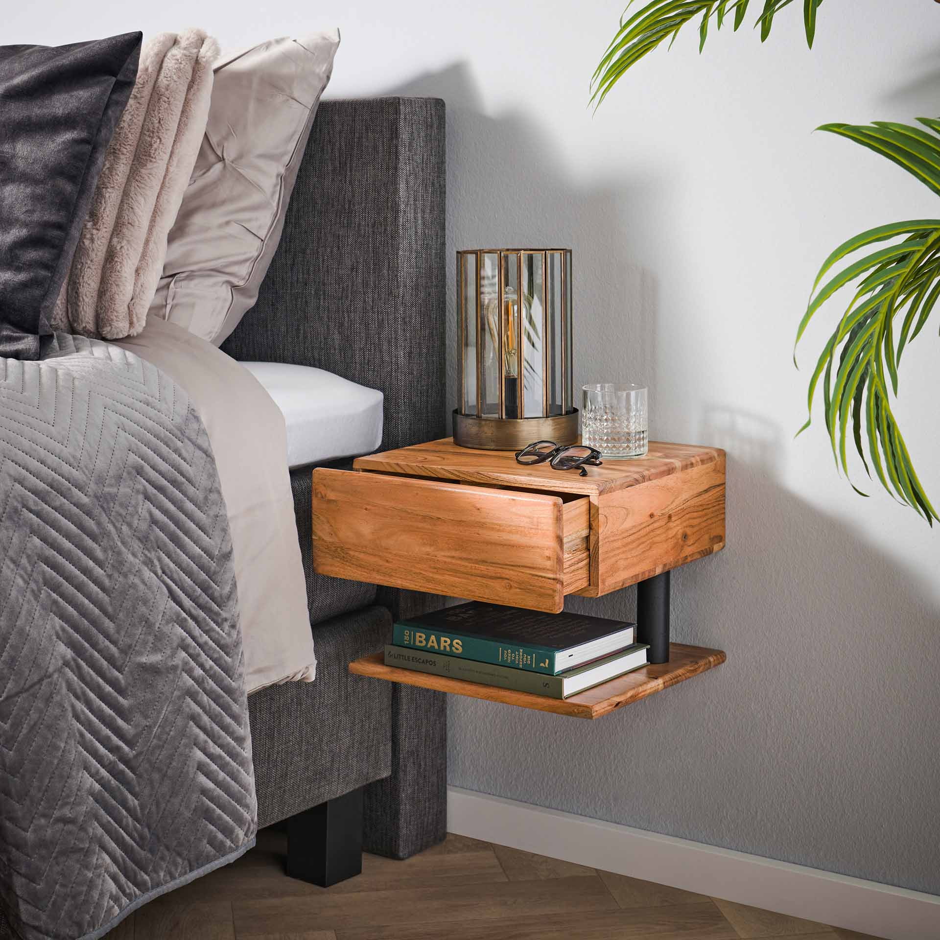 LifestyleFurn Zwevend Nachtkastje 'Jaisa' Met 1 lade, Acaciahout
