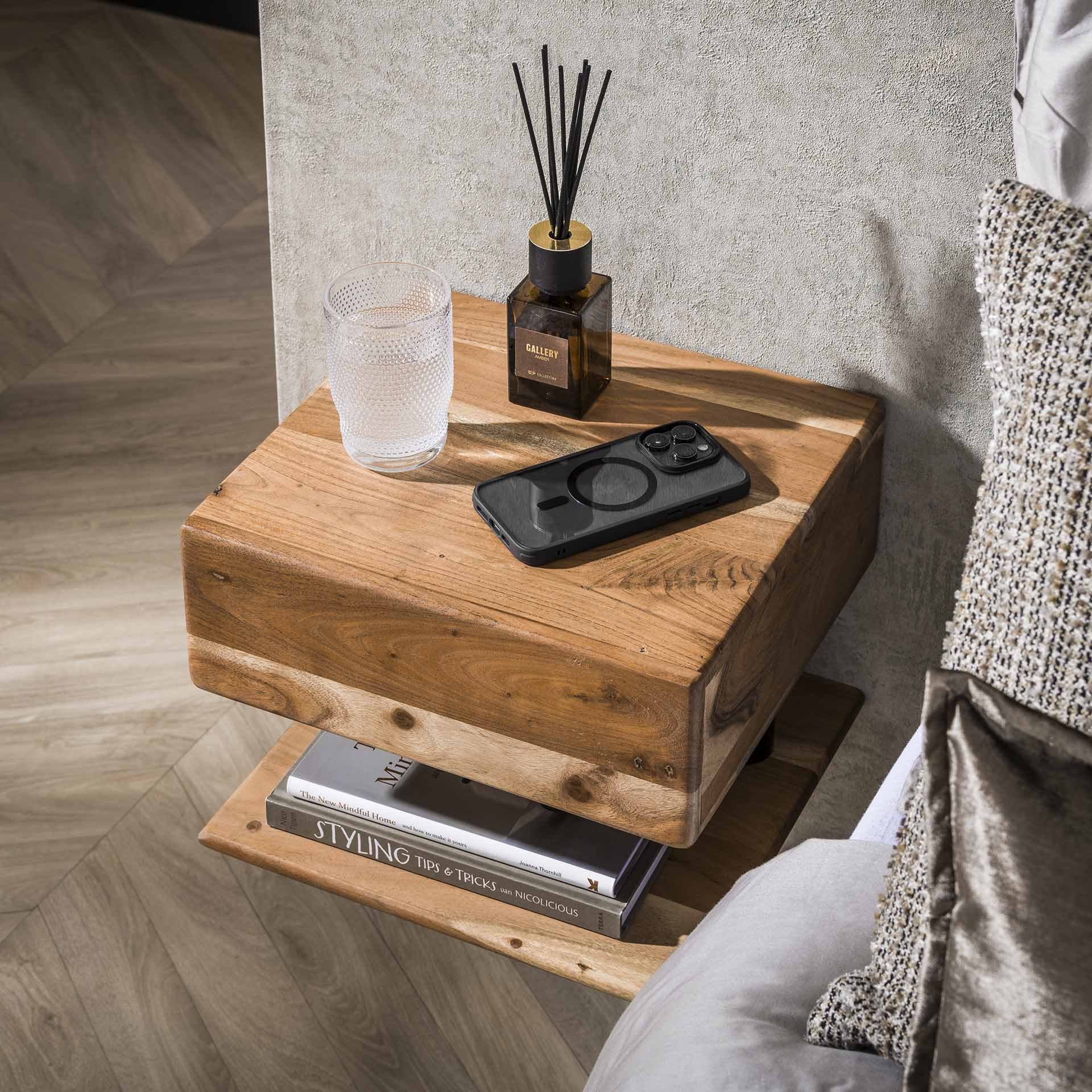 LifestyleFurn Zwevend Nachtkastje 'Jaisa' Met 1 lade, Acaciahout