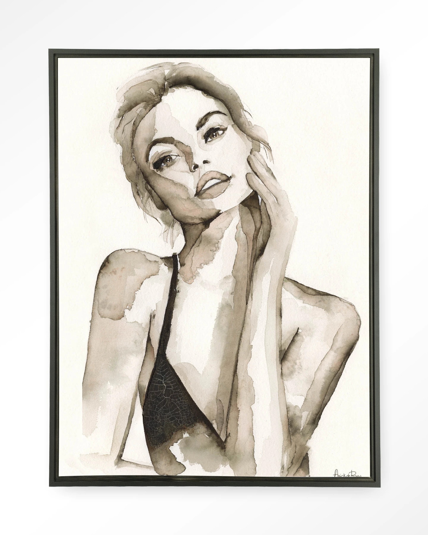Urban Cotton Wandkleed 'A Woman's Face' 110 x 145cm in Floating Frame - black