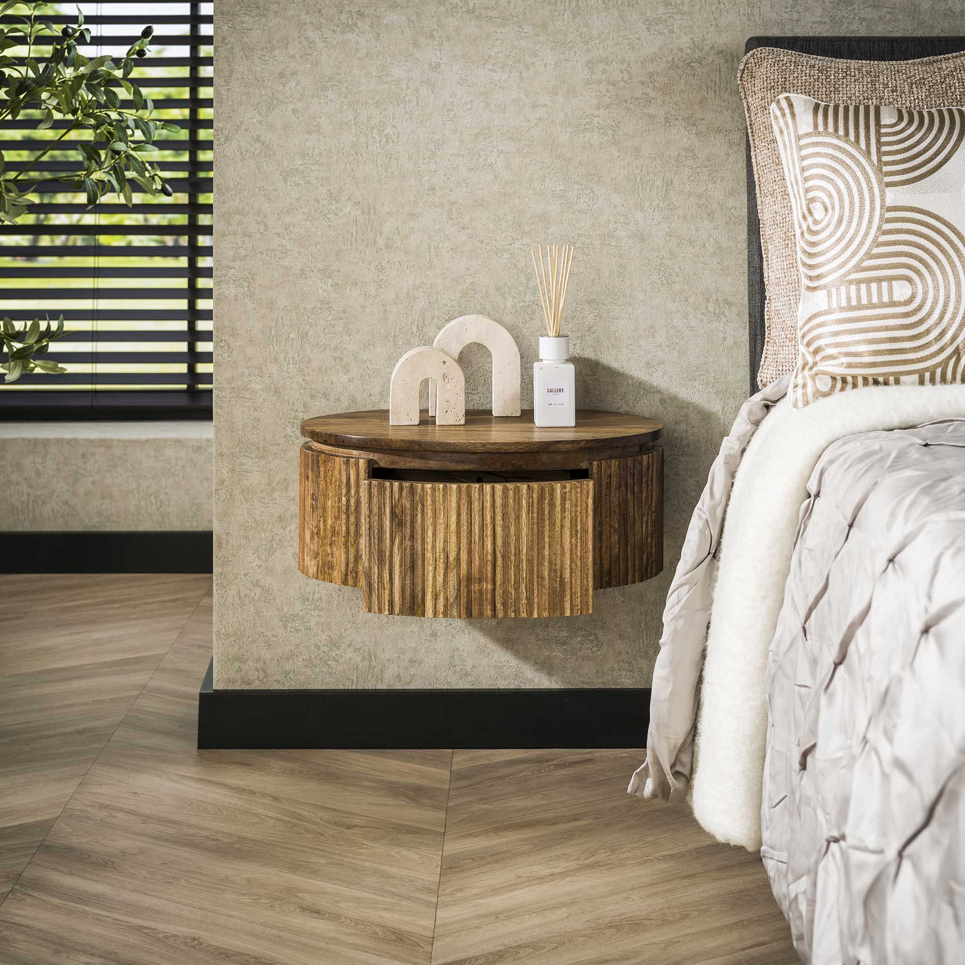 LifestyleFurn Zwevend Rond Nachtkastje 'Sharmila' Mangohout, Met 1 lade