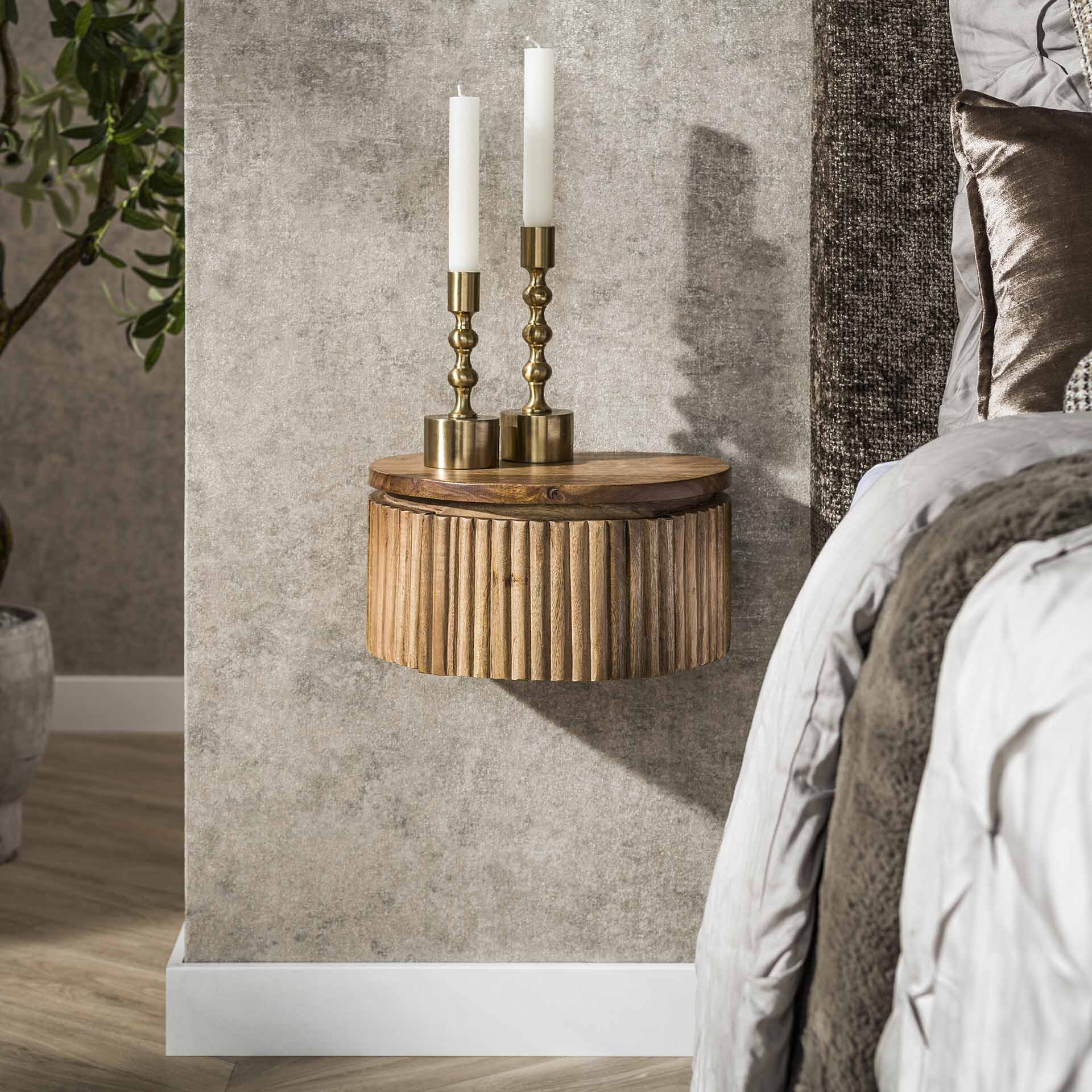 LifestyleFurn Hangend Rond Nachtkastje Sharmila XS, Mangohout, Met 1 lade - Massief mango zandkleur