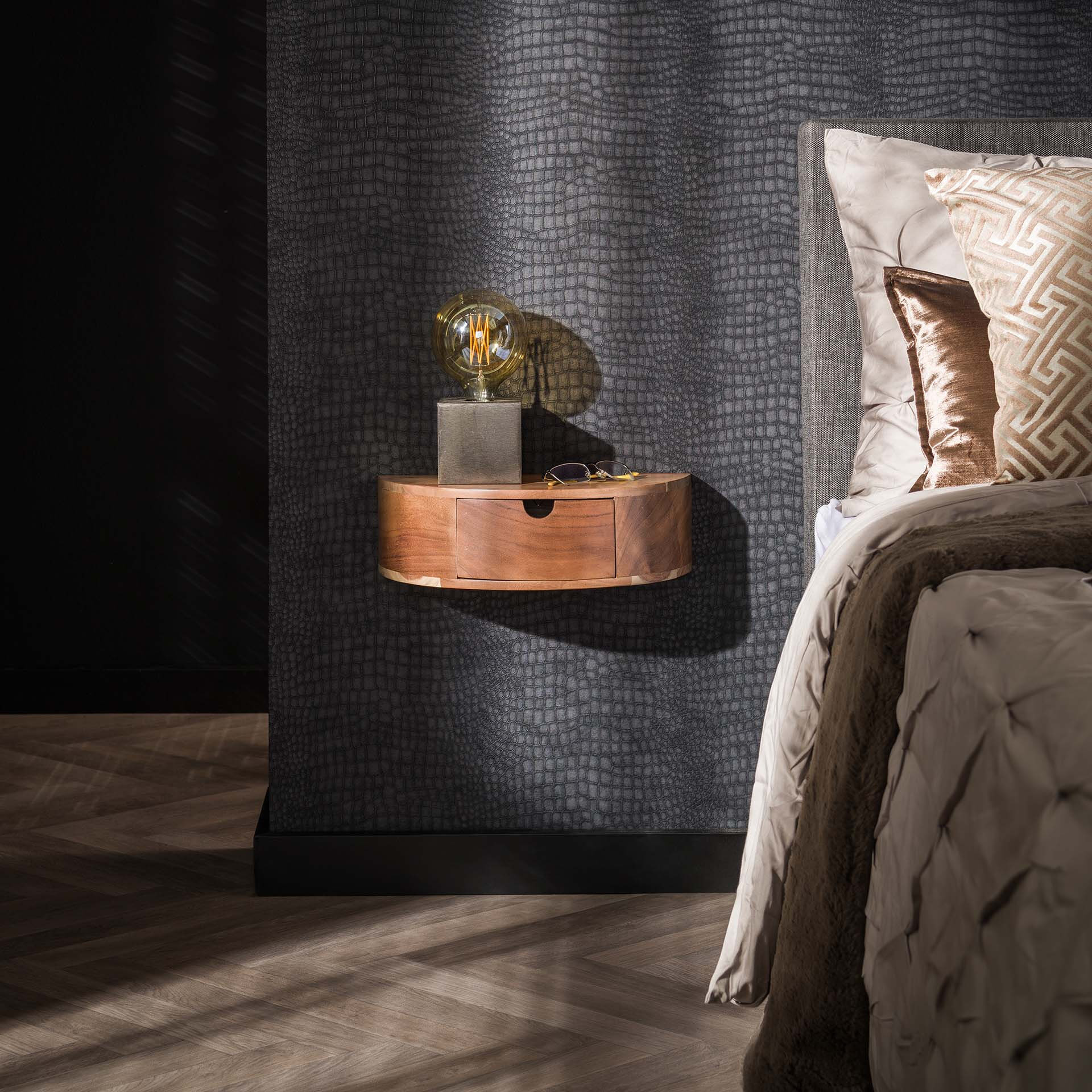 LifestyleFurn Hangend Nachtkastje Vita Met 1 lade, Acaciahout - Massief acacia naturel