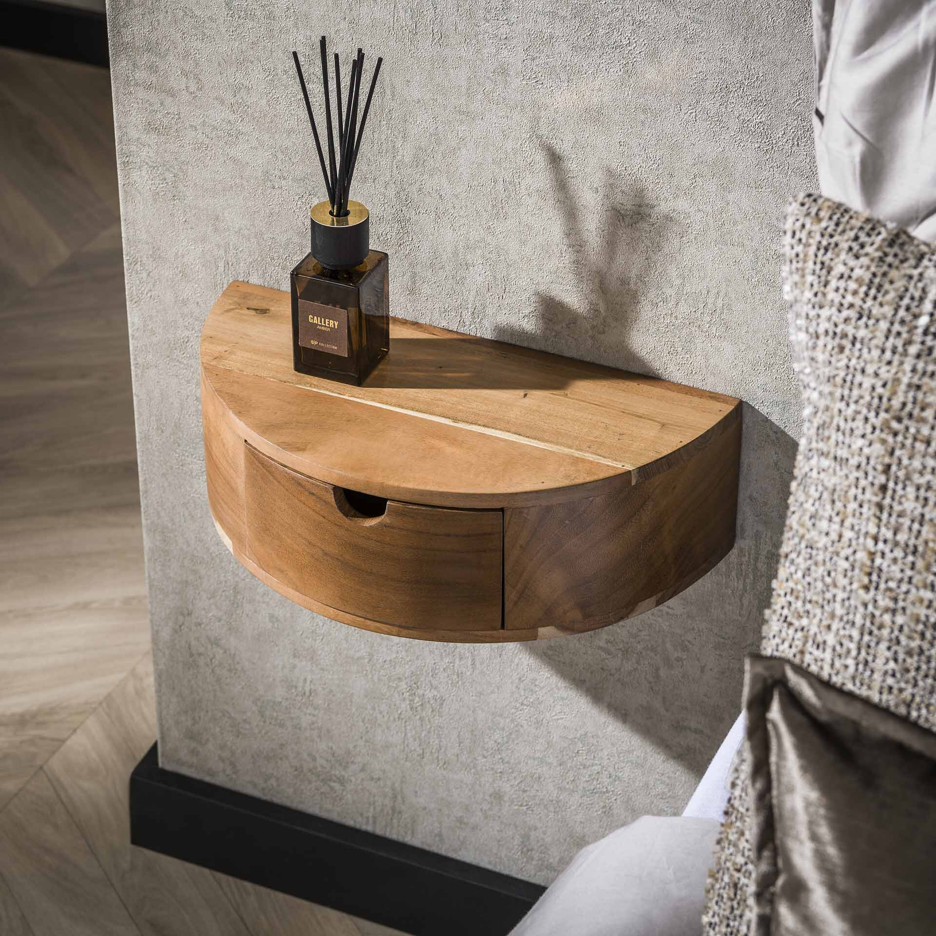 LifestyleFurn Hangend Nachtkastje Vita Met 1 lade, Acaciahout - Massief acacia naturel