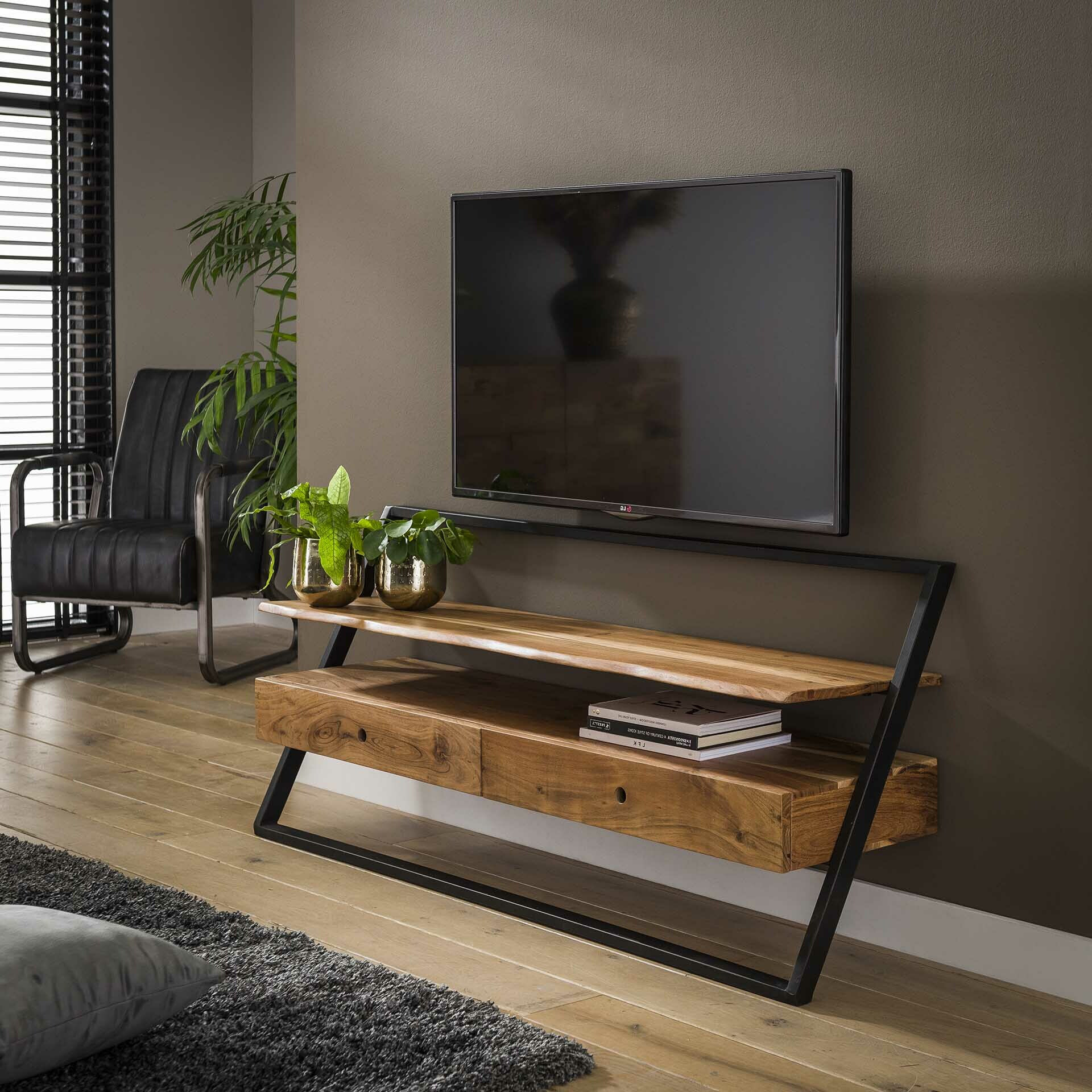 TV-meubel Tiny Acacia, met 2 laden - Massief acacia naturel