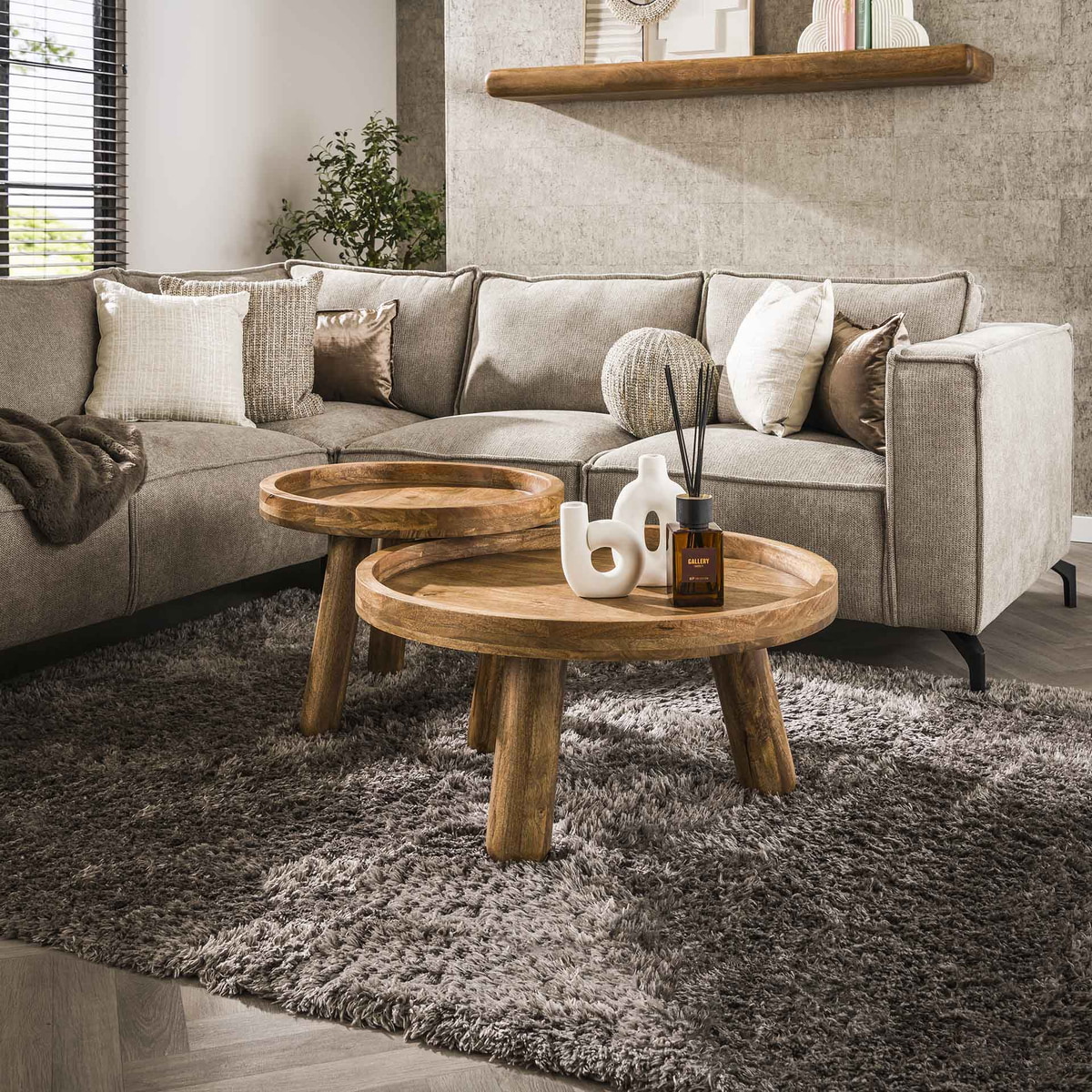 LifestyleFurn Ronde Salontafel Kanda Mangohout, Set van 2 stuks • Sohome