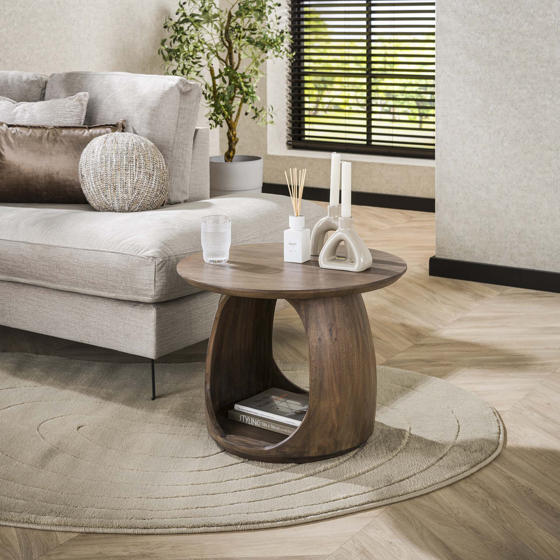 LifestyleFurn Ronde Bijzettafel Jabril Acaciahout, 60cm - Massief acacia glaze brown