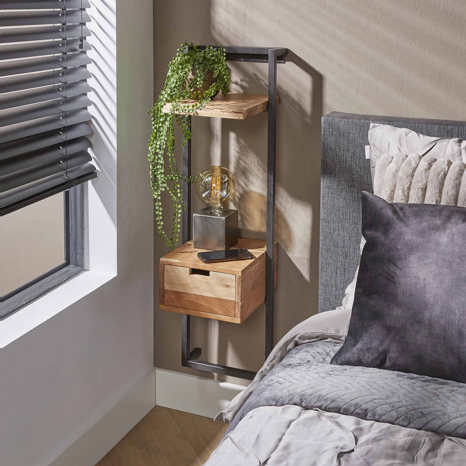 LifestyleFurn Nachtkastje Cruz Acaciahout en metaal, Met 1 lade - Bruin