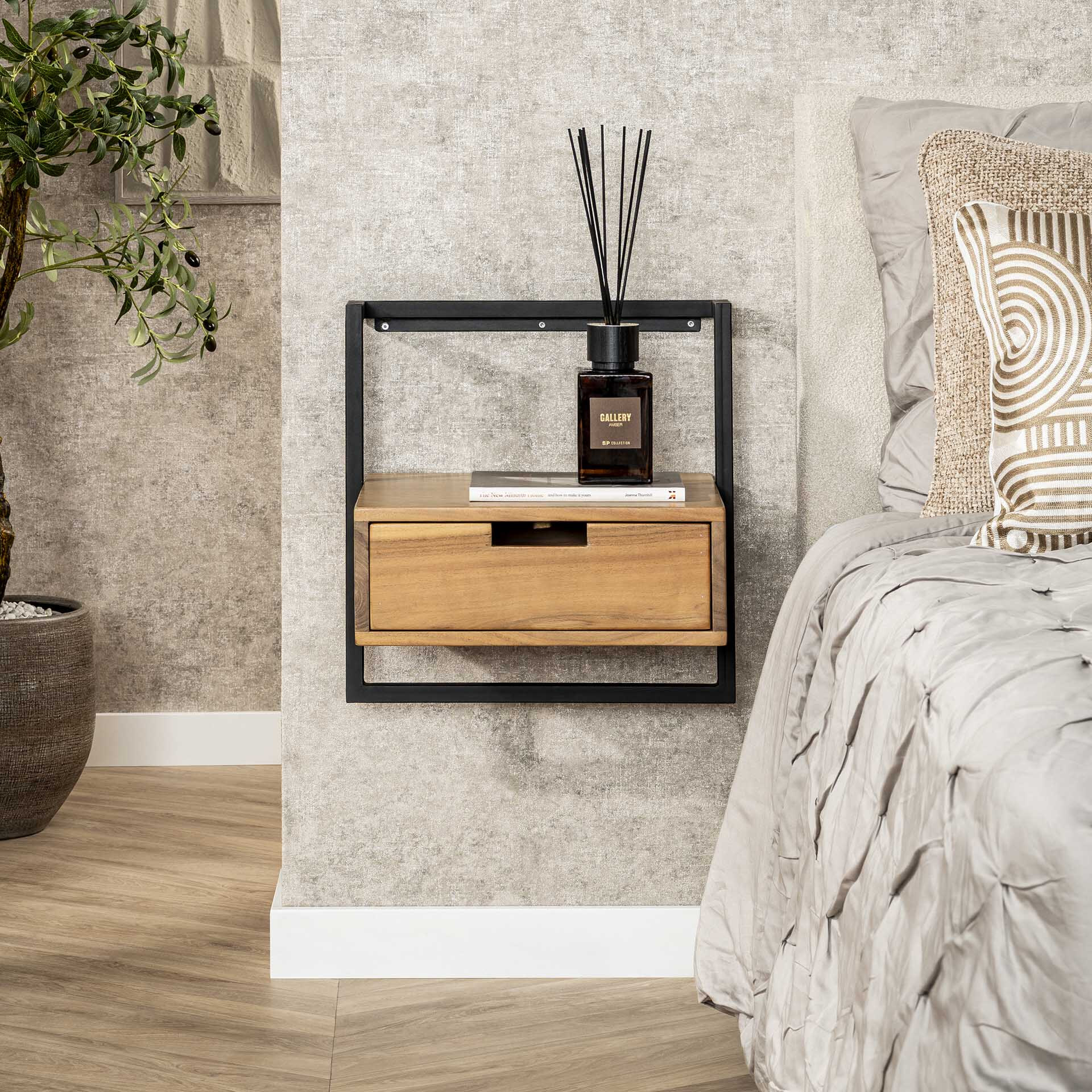 LifestyleFurn Nachtkastje Cruz Acaciahout en metaal, Met 1 lade - Bruin