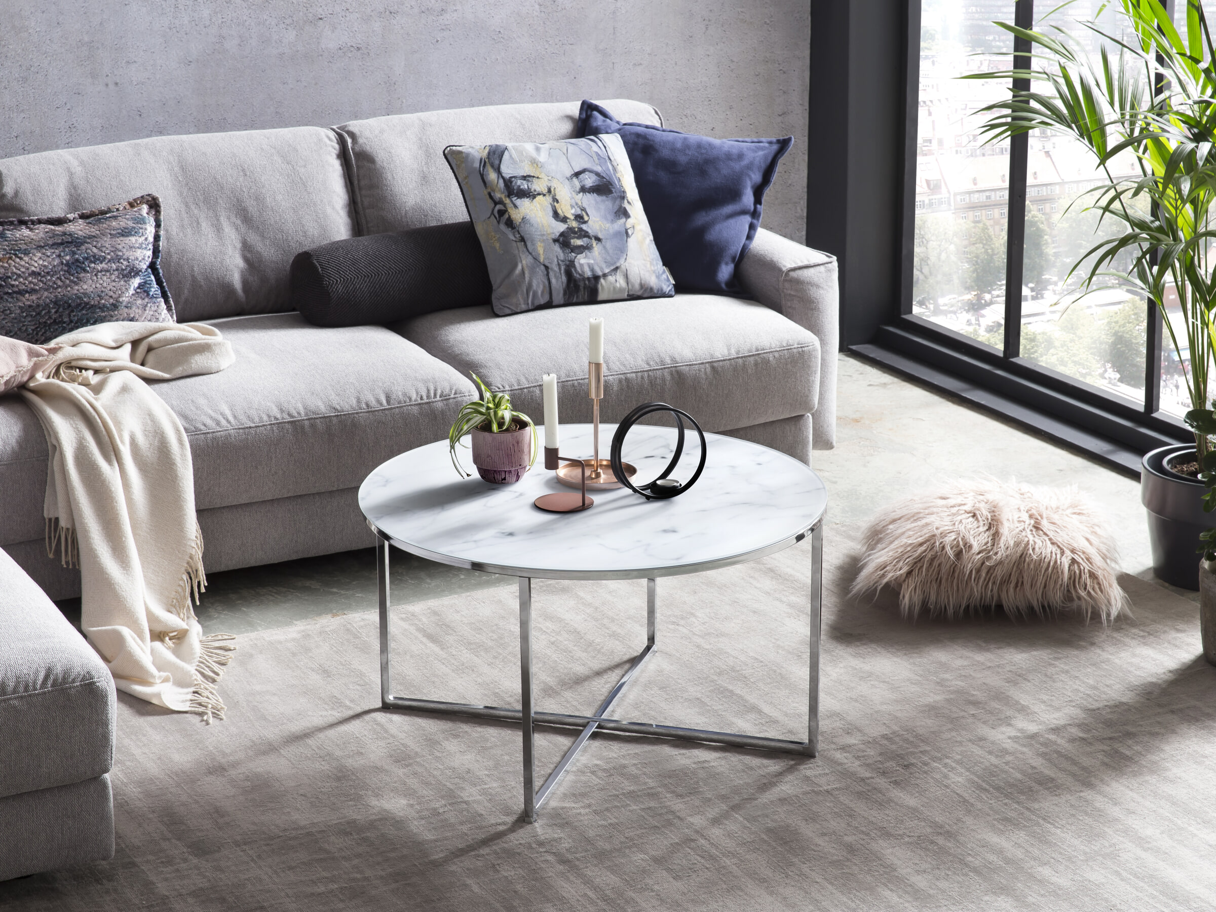 Artistiq Salontafel 'Roel', 80cm, Marmerlook, kleur Wit /Chroom