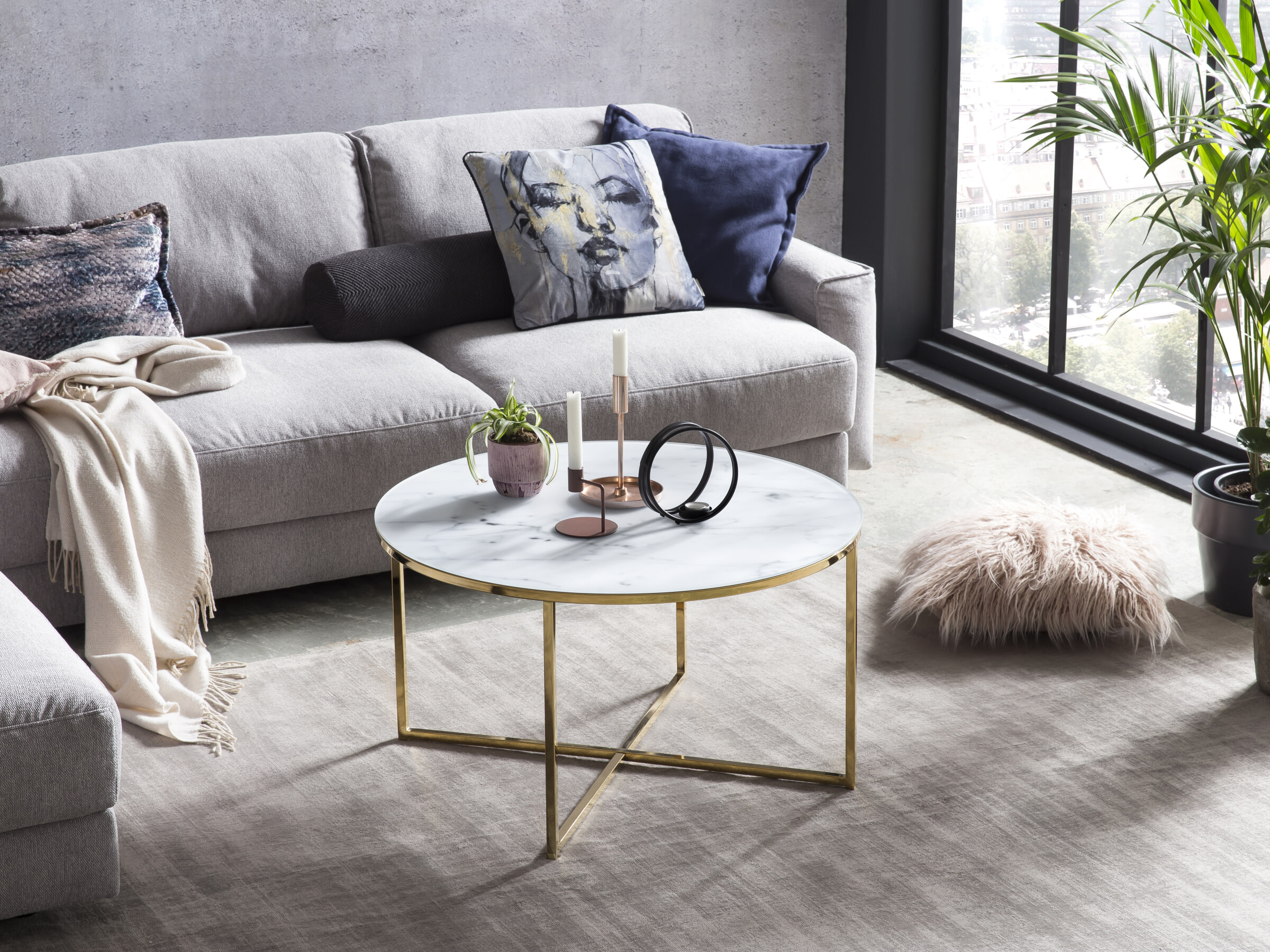Artistiq Salontafel 'Roel', 80cm, Marmerlook, kleur Wit/Goud