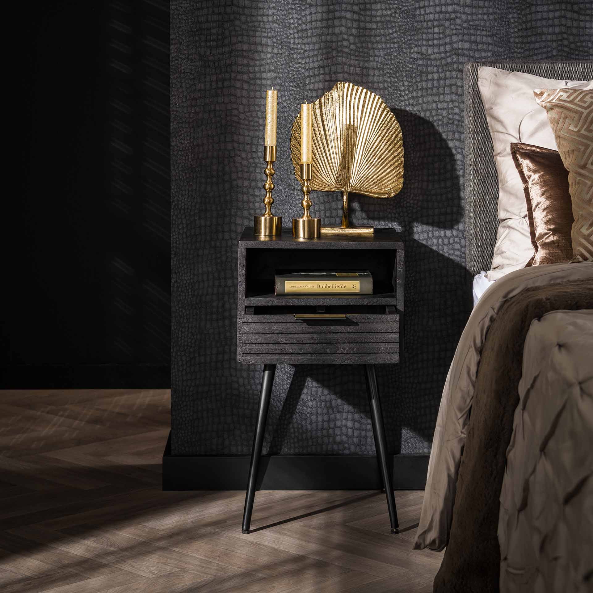 LifestyleFurn Smal Nachtkastje 'Novy' Mangohout met 1 lade, kleur zwart