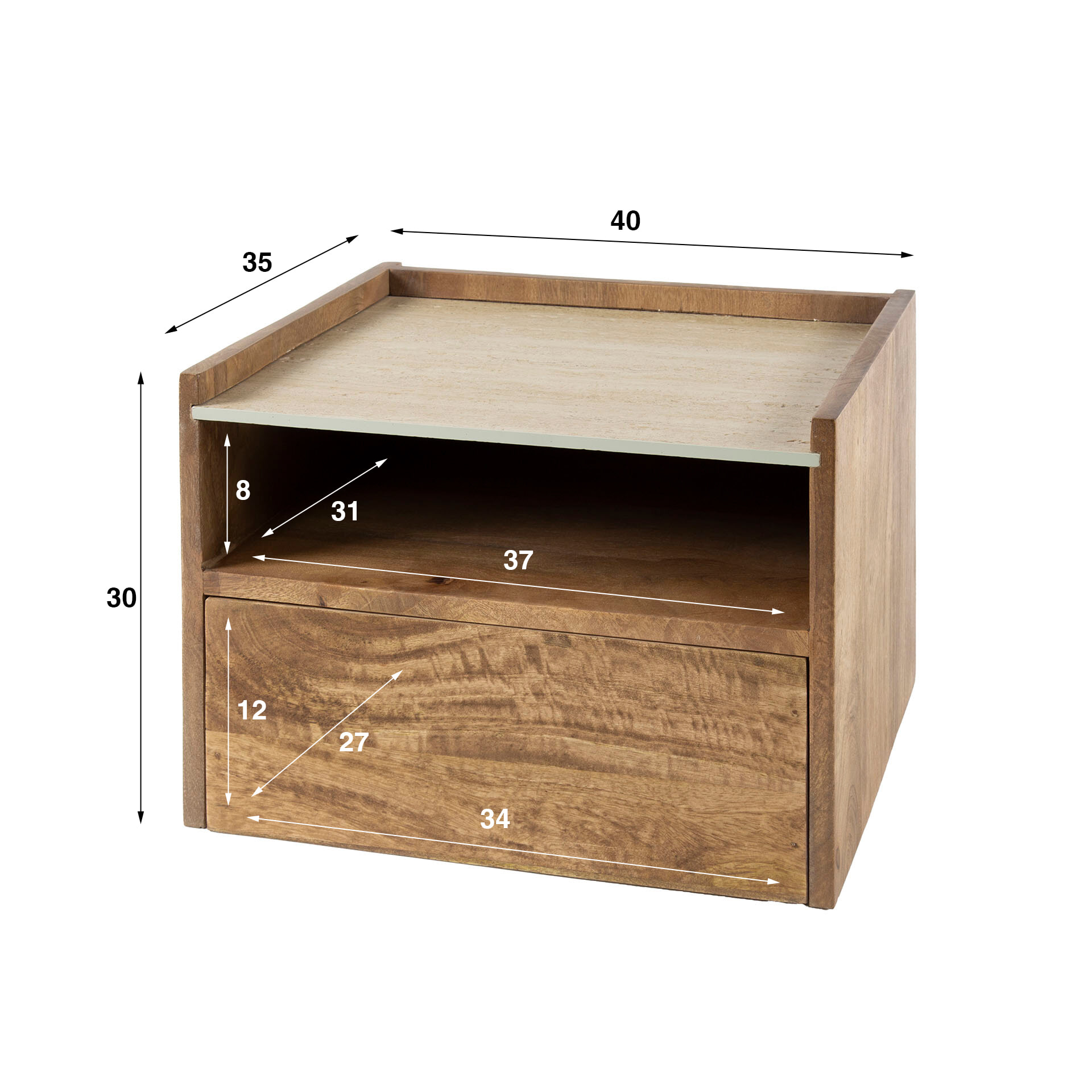 LifestyleFurn Zwevend Nachtkastje 'Beckie' Mangohout en travertinlook, Met open vak en 1 lade