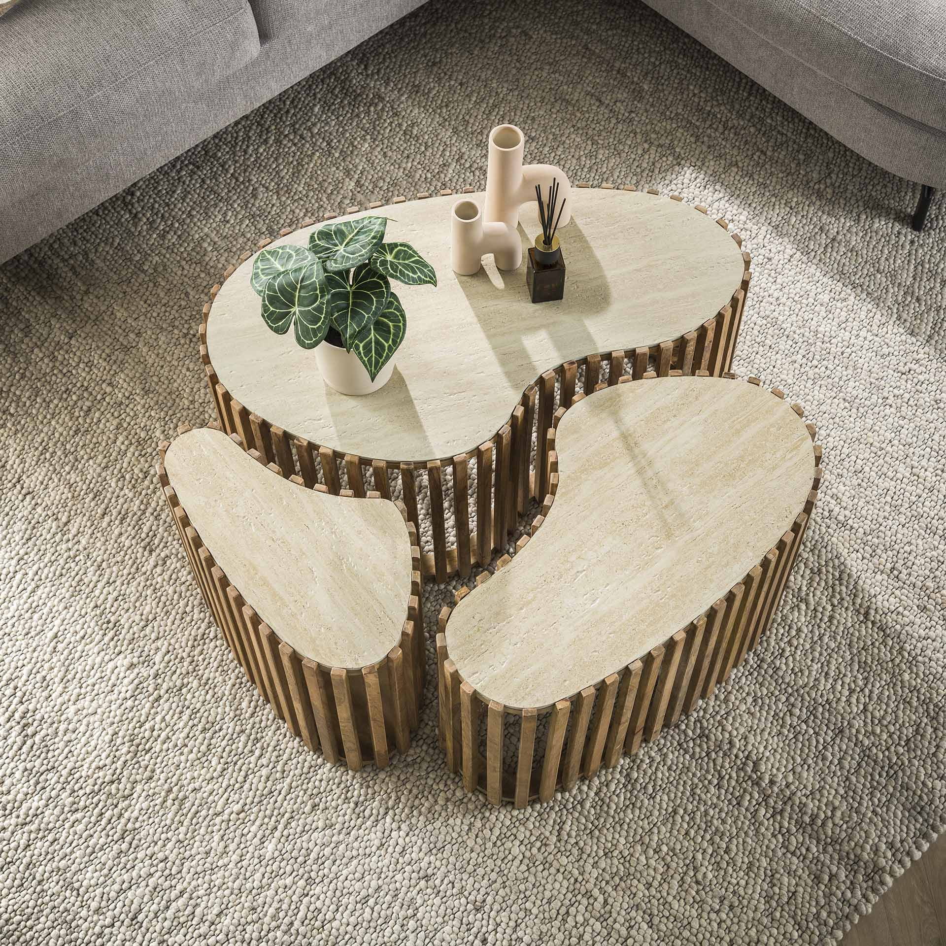 LifestyleFurn Organische Salontafel 'Beckie' Mangohout en Keramiek in Travertin-look, Set van 3 stuks