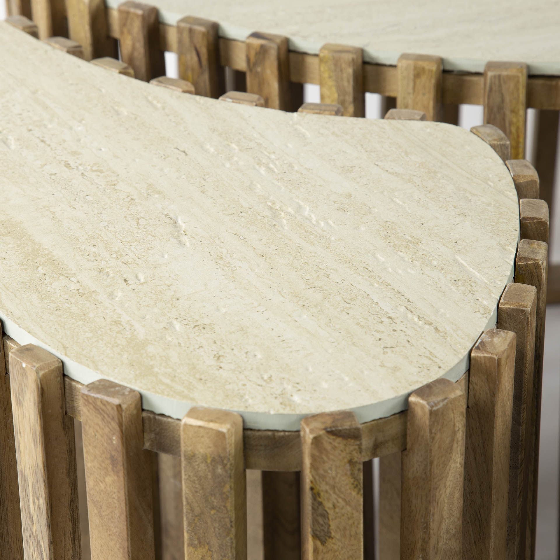 LifestyleFurn Organische Salontafel 'Beckie' Mangohout en Keramiek in Travertin-look, Set van 3 stuks