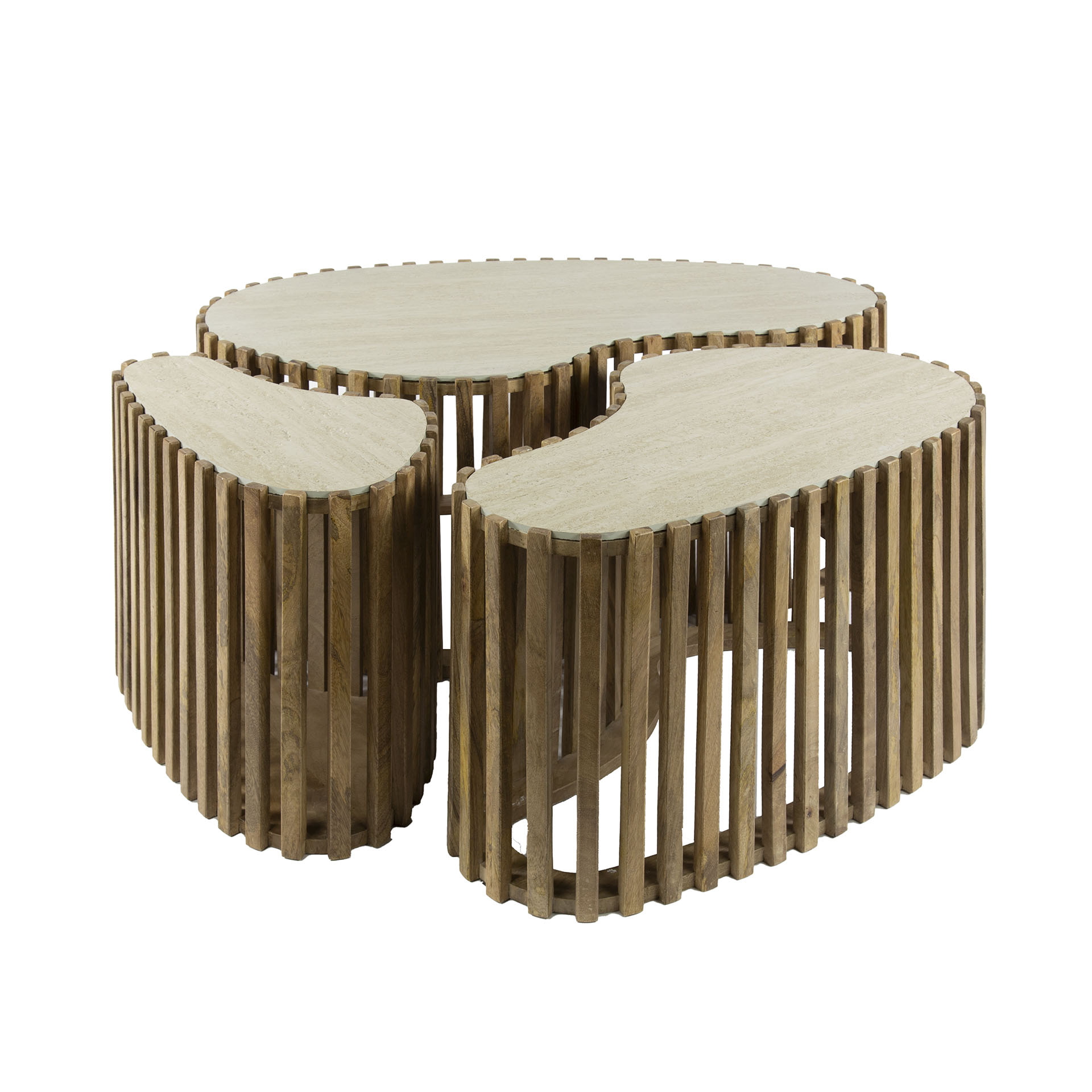 LifestyleFurn Organische Salontafel 'Beckie' Mangohout en Keramiek in Travertin-look, Set van 3 stuks