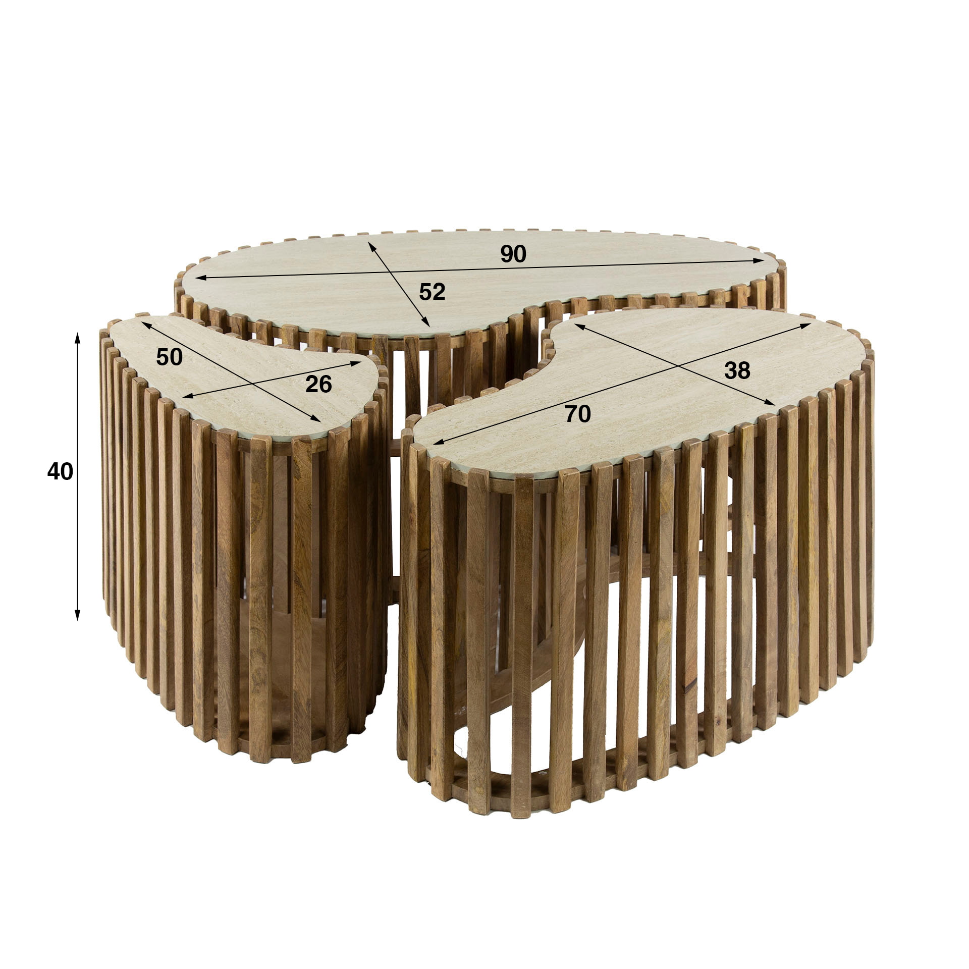 LifestyleFurn Organische Salontafel 'Beckie' Mangohout en Keramiek in Travertin-look, Set van 3 stuks