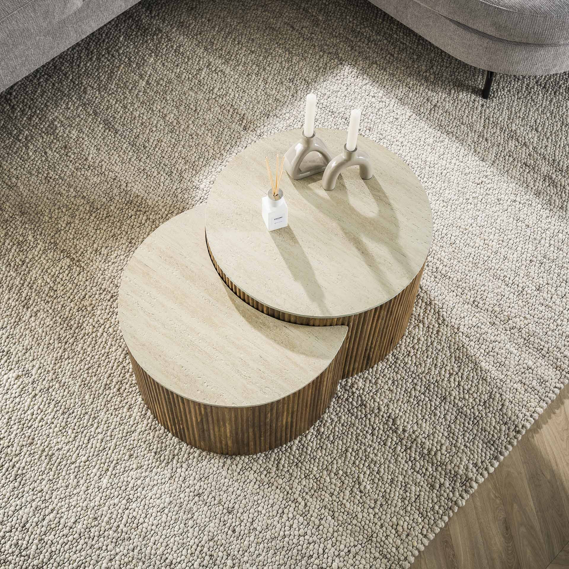 LifestyleFurn Halfronde Salontafel 'Beckie' Mangohout en Keramiek in Travertin-look, Set van 2 stuks