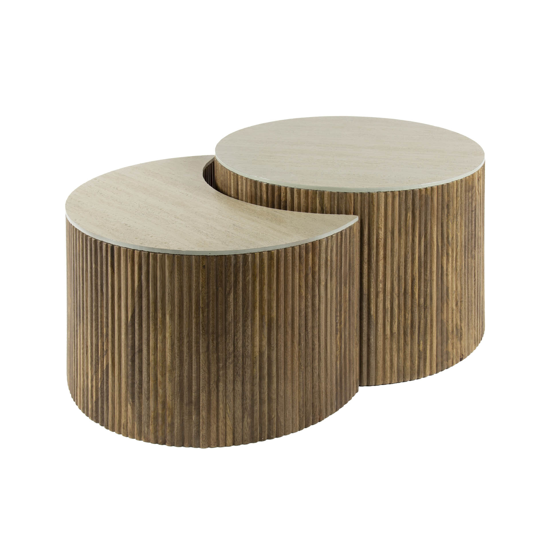 LifestyleFurn Halfronde Salontafel 'Beckie' Mangohout en Keramiek in Travertin-look, Set van 2 stuks